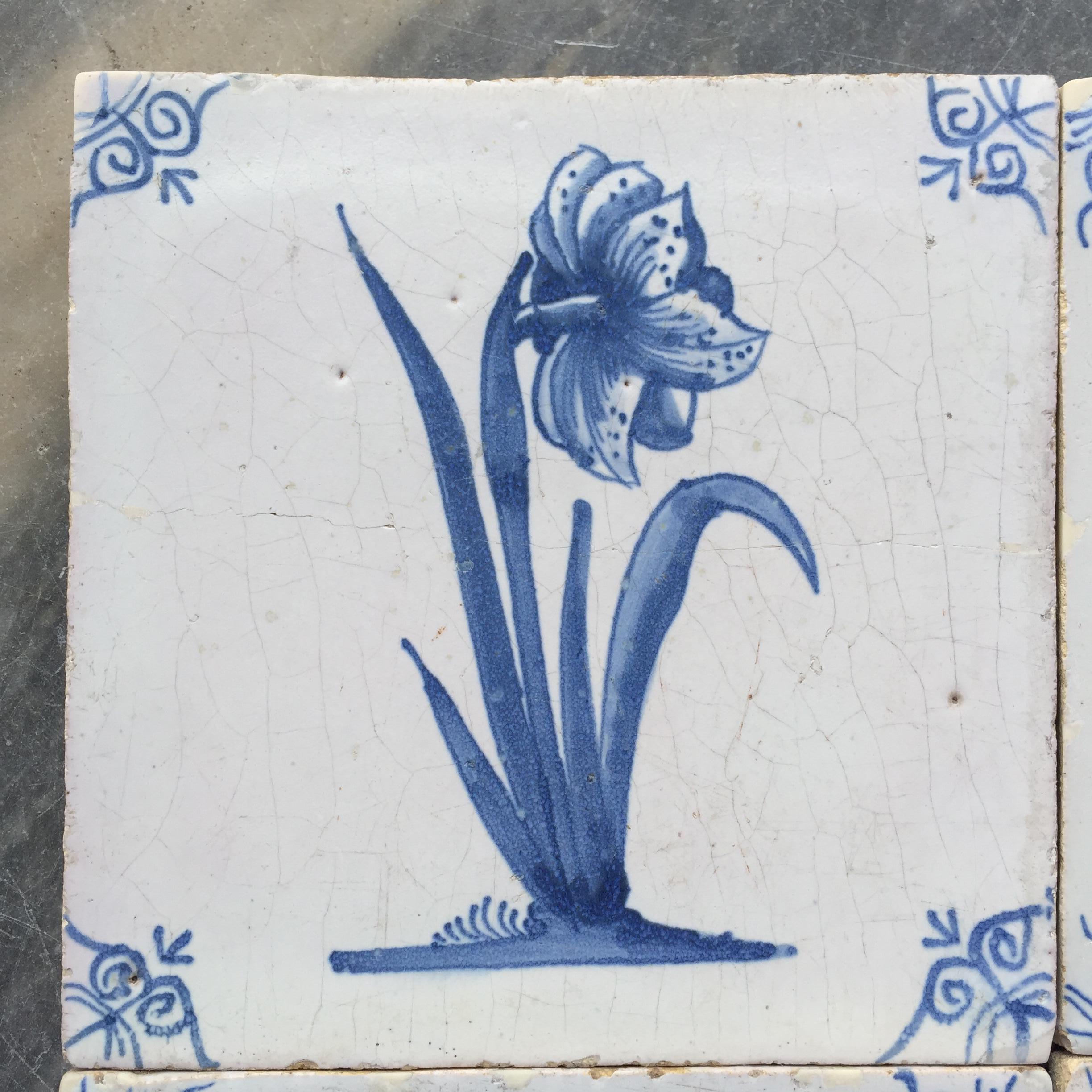 Ceramic Rare Set of 12 Dutch Delft Tiles with Flowers and Insects, 17th Century