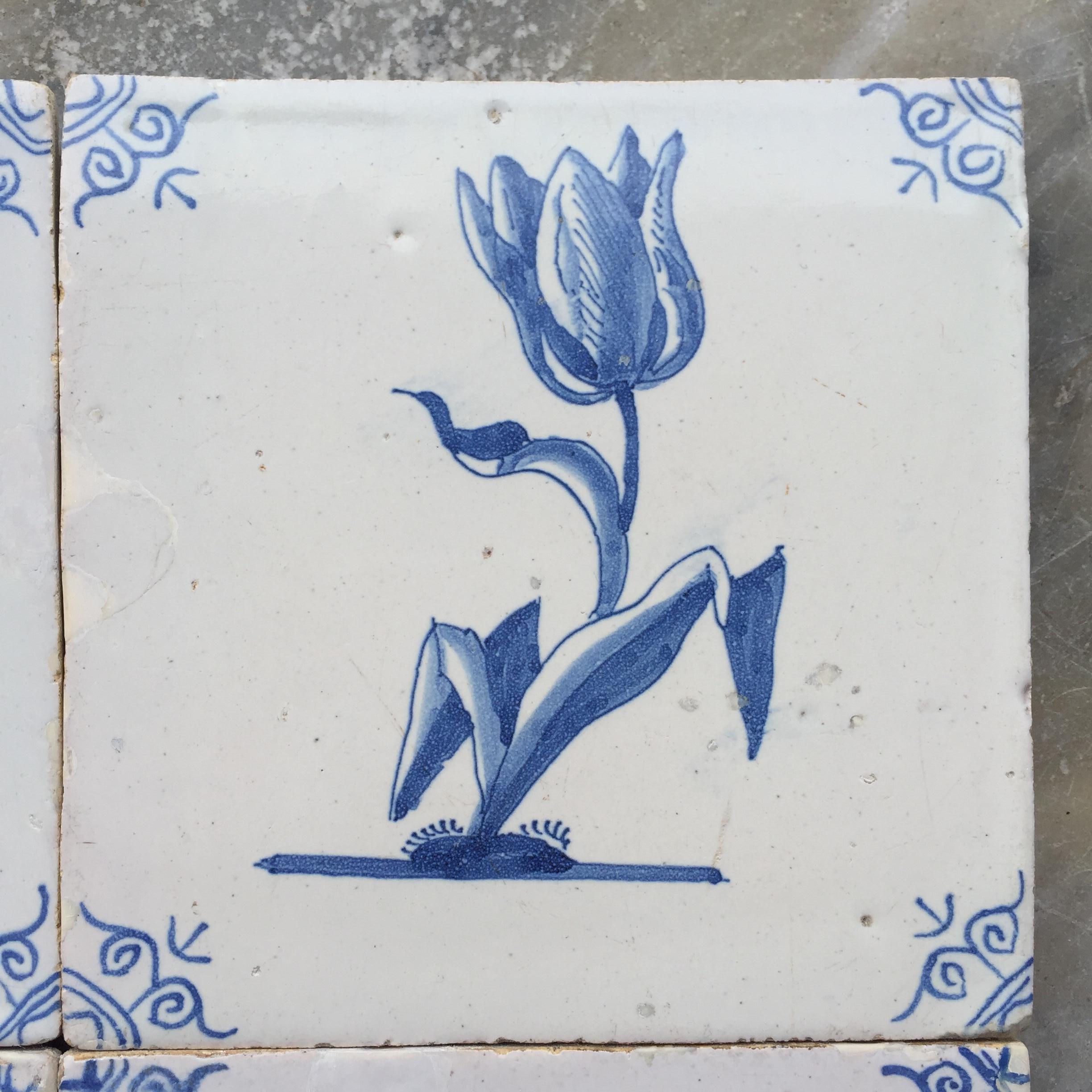 Rare Set of 12 Dutch Delft Tiles with Flowers and Insects, 17th Century 2