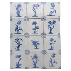 Rare Set of 12 Dutch Delft Tiles with Flowers and Insects, 17th Century