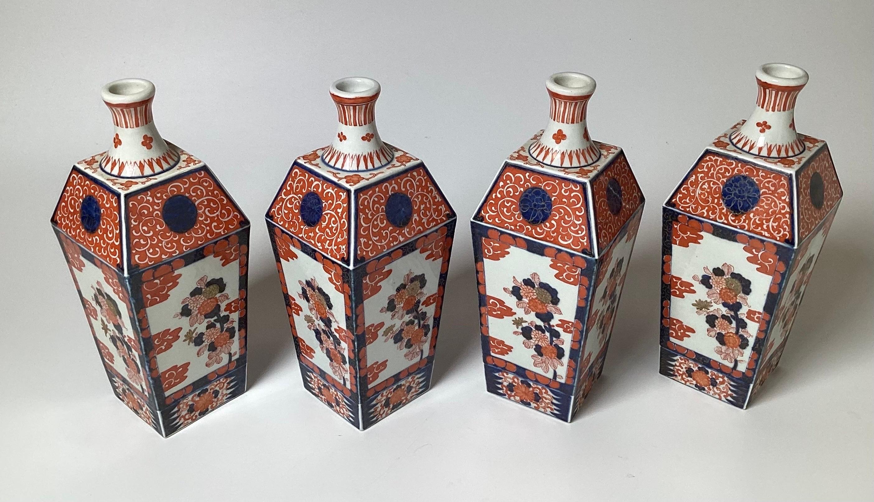 Hand-Painted Rare Set of 4 Meiji Period Imari Bottle Form Vases For Sale