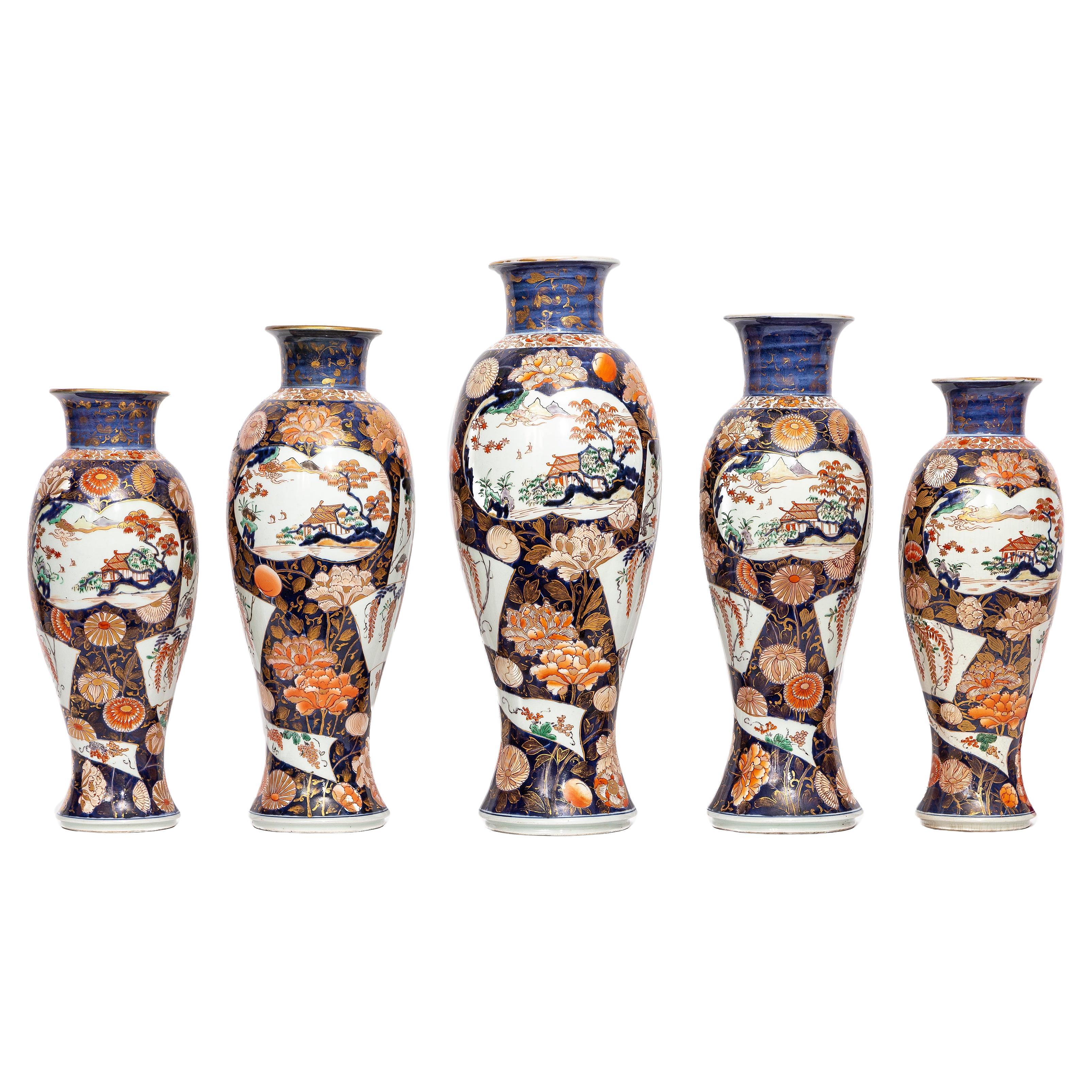 Seltener Satz von 5 Vasen aus japanischem Arita Porcelain im Imari-Stil aus der Edo-Zeit im Angebot
