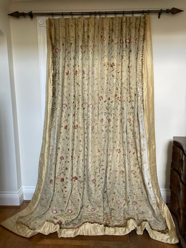JUST PURCHASED, MORE INFORMATION TO FOLLOW OR BY REQUEST, photos taken with iphone

A rare opportunity to purchase a large set of floral embroidered silk curtains from an historic house open to the public. These curtains were part of the Hon. Clive