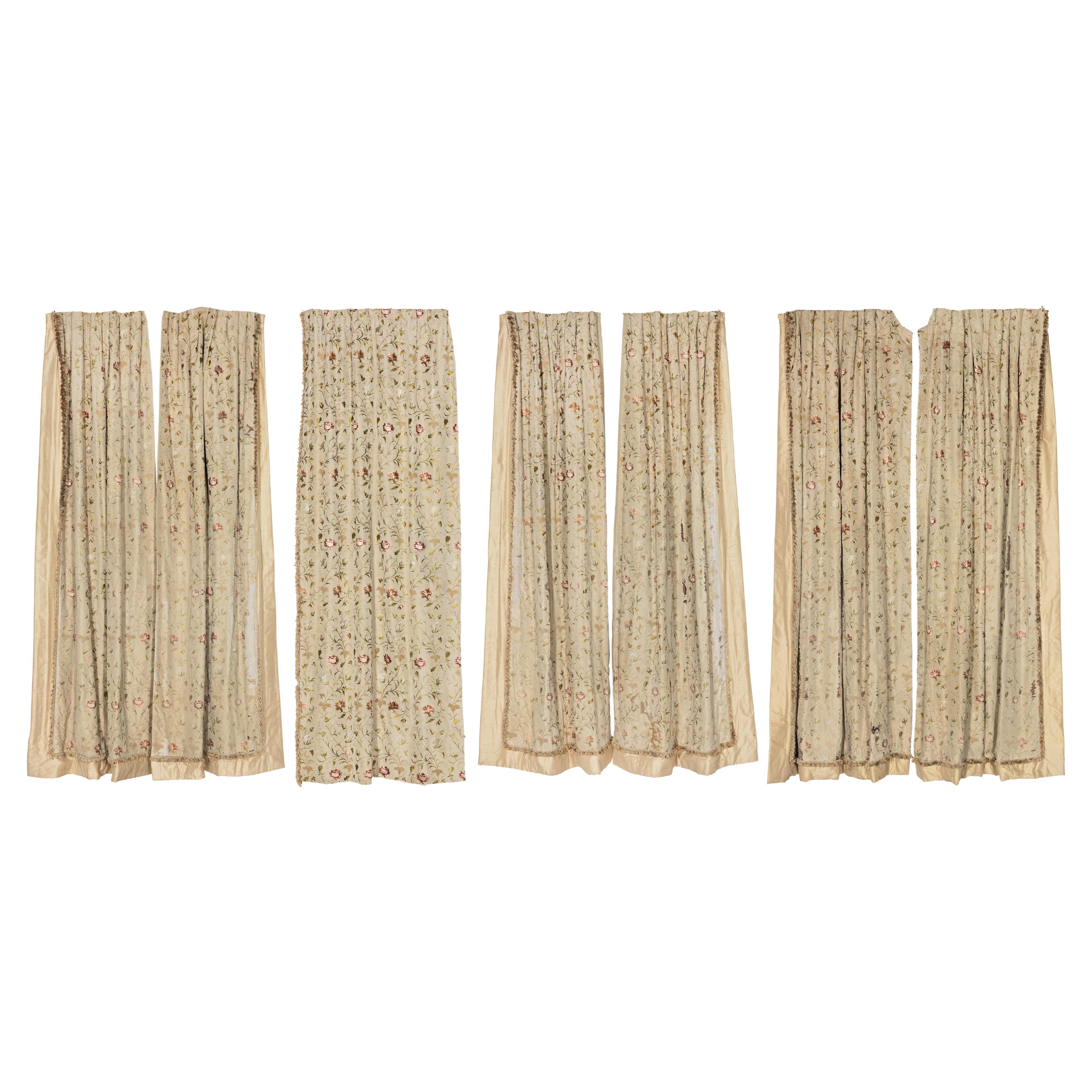 Seven Floral Embroidered Silk Curtains Parham House Sussex 104"high 379"long For Sale