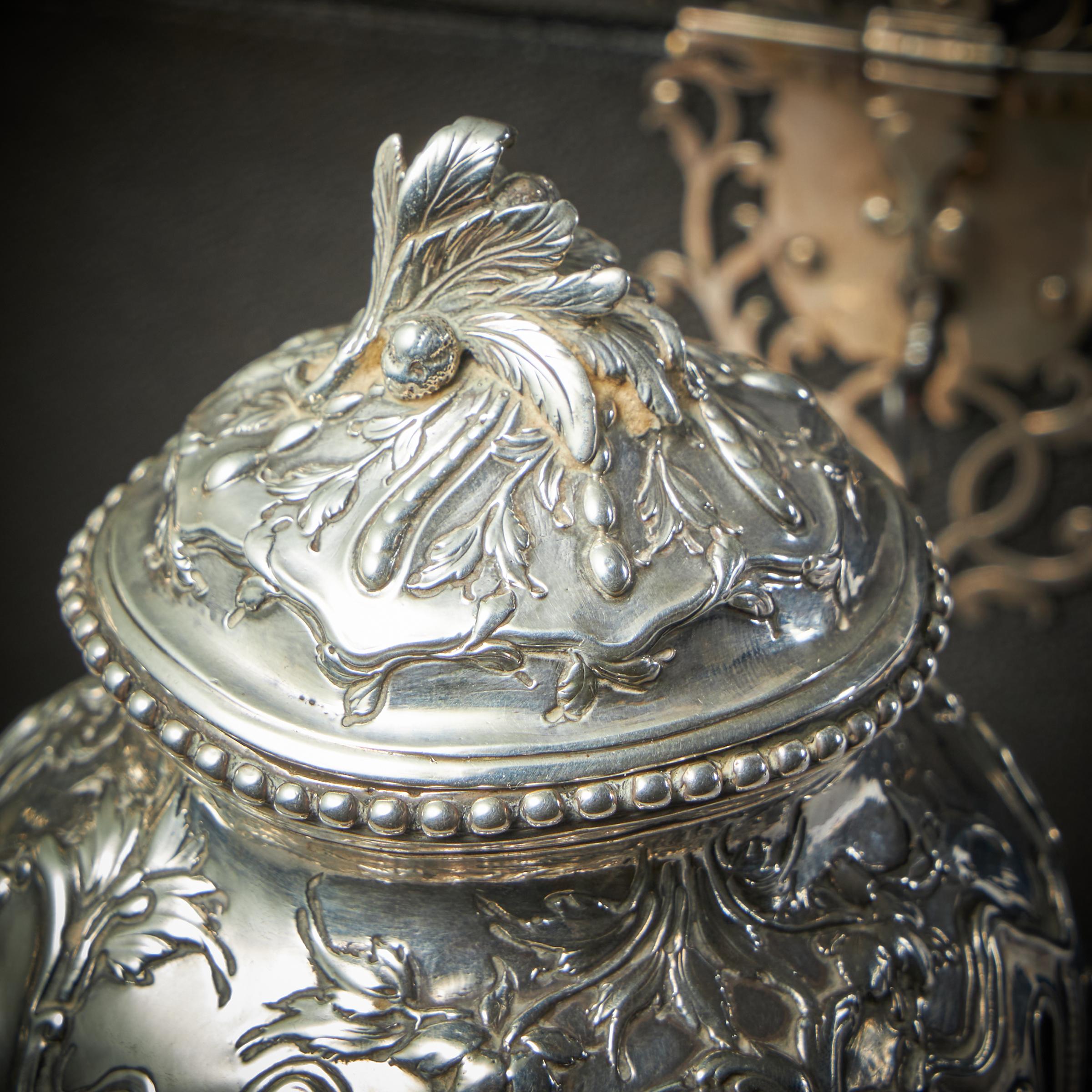 Rare Silver Mounted George II Shagreen Tea Caddy with Silver Rocco Canistors For Sale 7