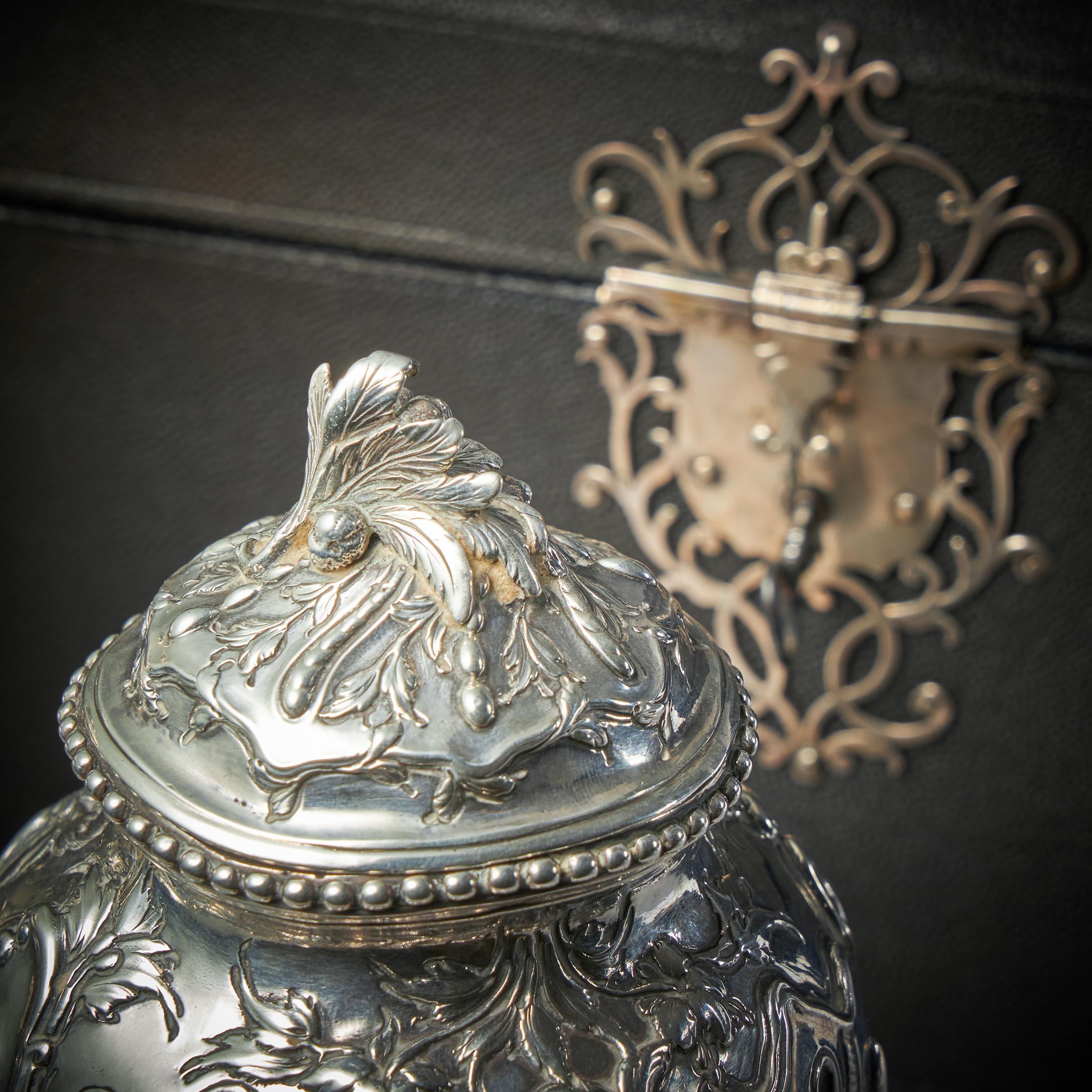 Rare Silver Mounted George II Shagreen Tea Caddy with Silver Rocco Canistors For Sale 8