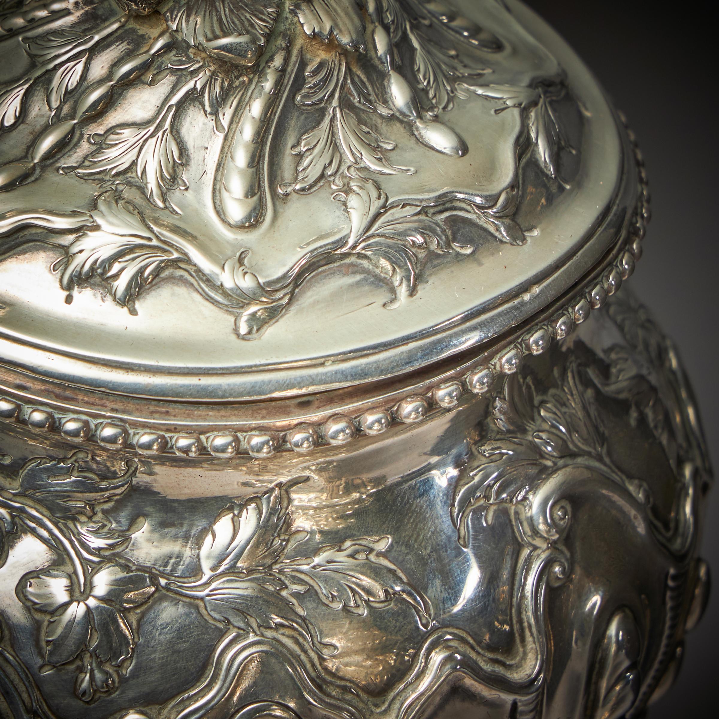 Rare Silver Mounted George II Shagreen Tea Caddy with Silver Rocco Canistors For Sale 11
