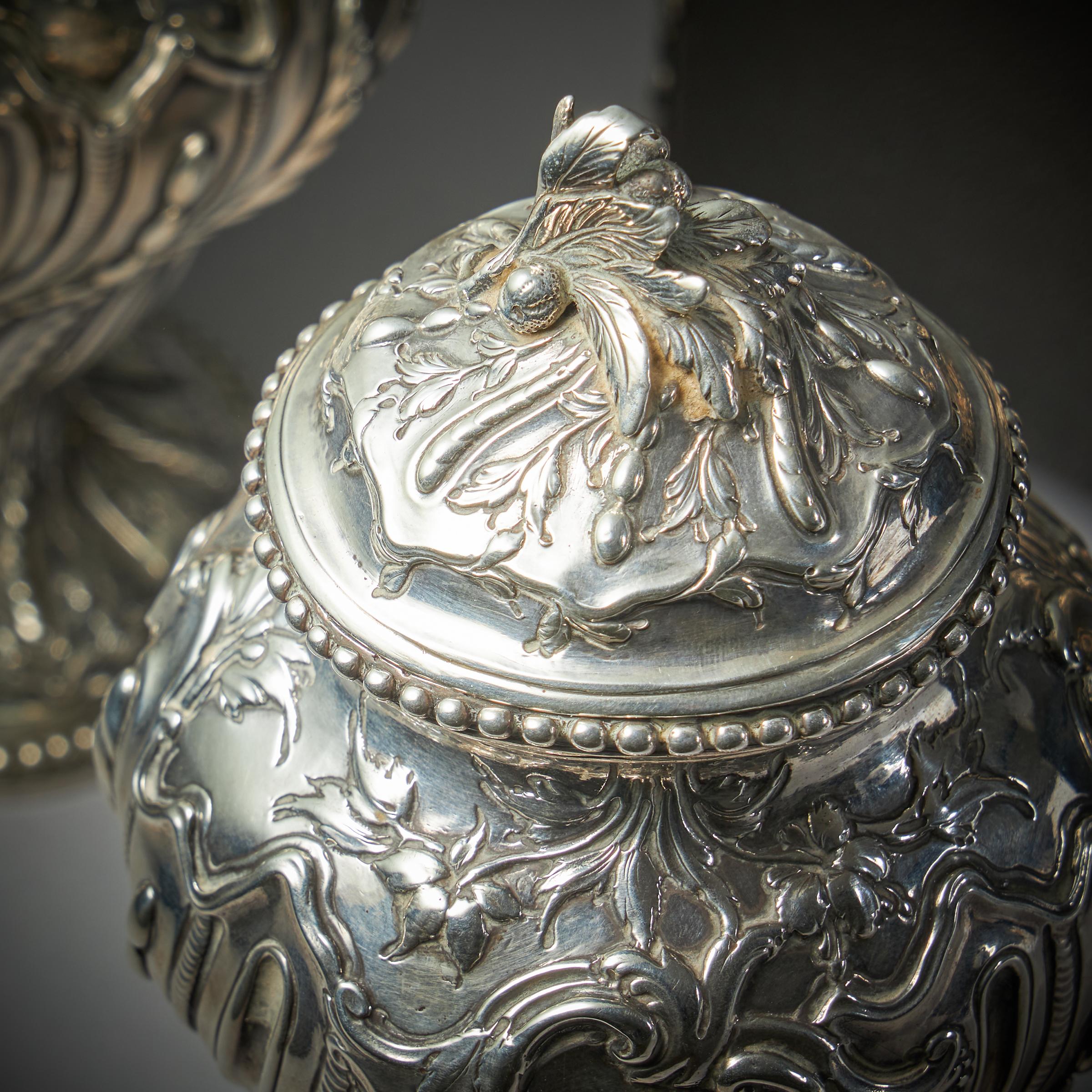 Rare Silver Mounted George II Shagreen Tea Caddy with Silver Rocco Canistors For Sale 12