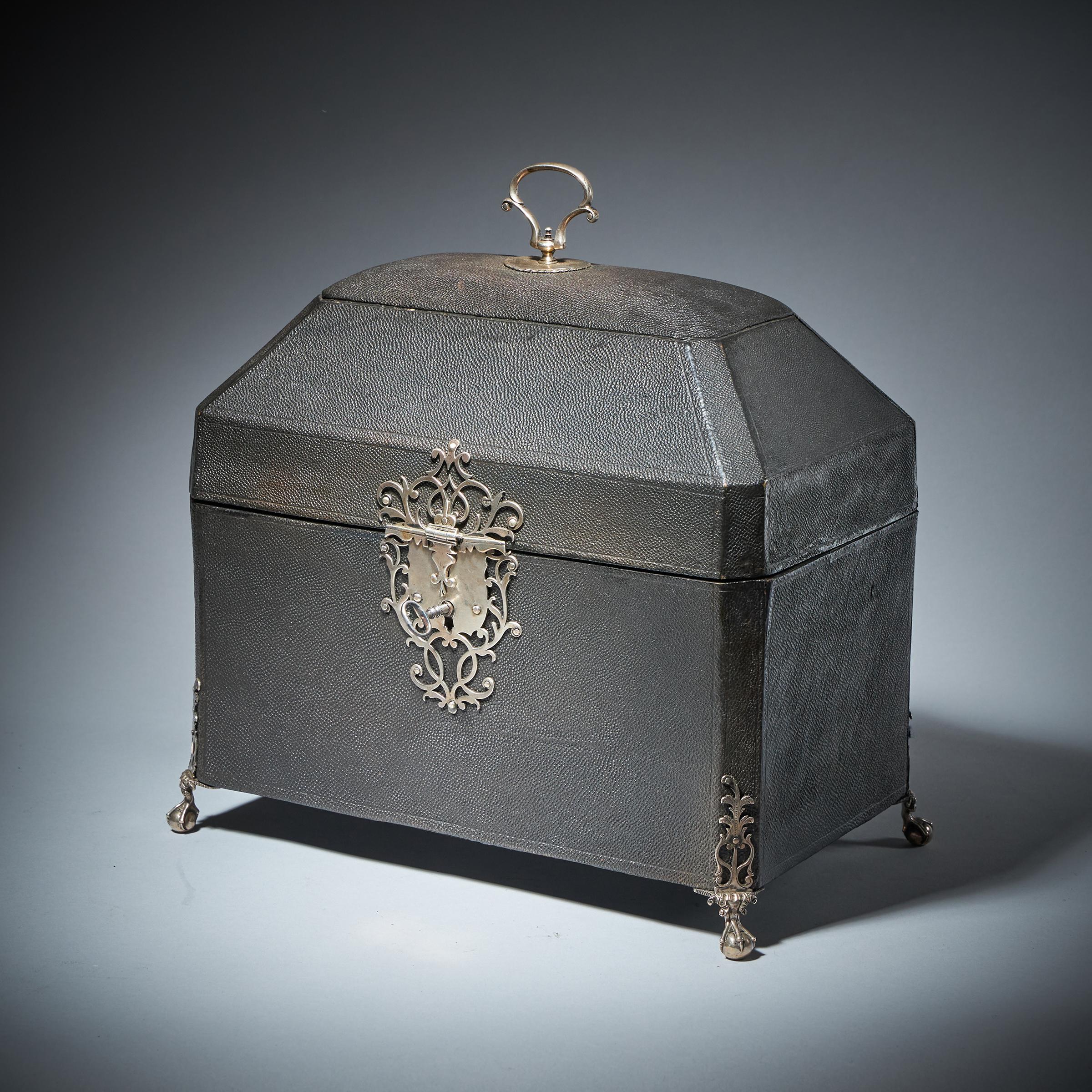 George III Rare Silver Mounted George II Shagreen Tea Caddy with Silver Rocco Canistors For Sale