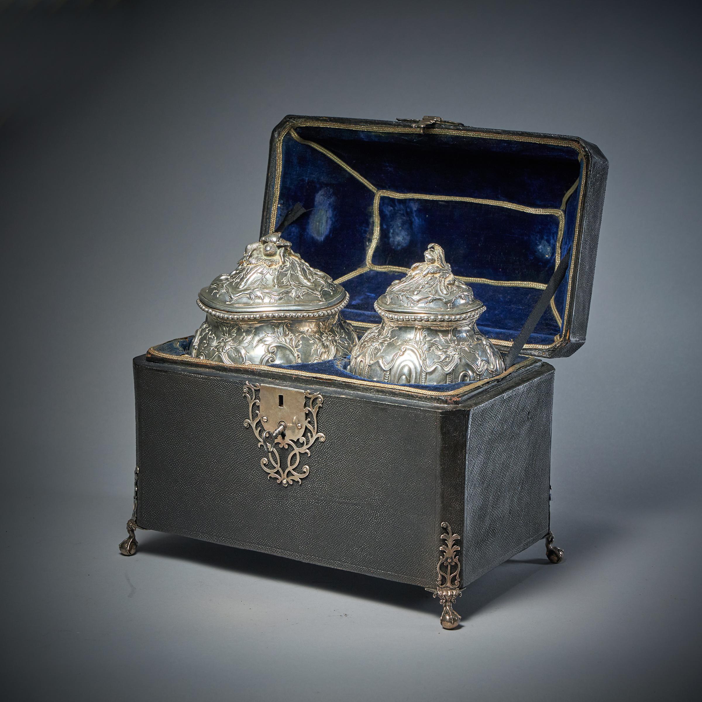 English Rare Silver Mounted George II Shagreen Tea Caddy with Silver Rocco Canistors For Sale