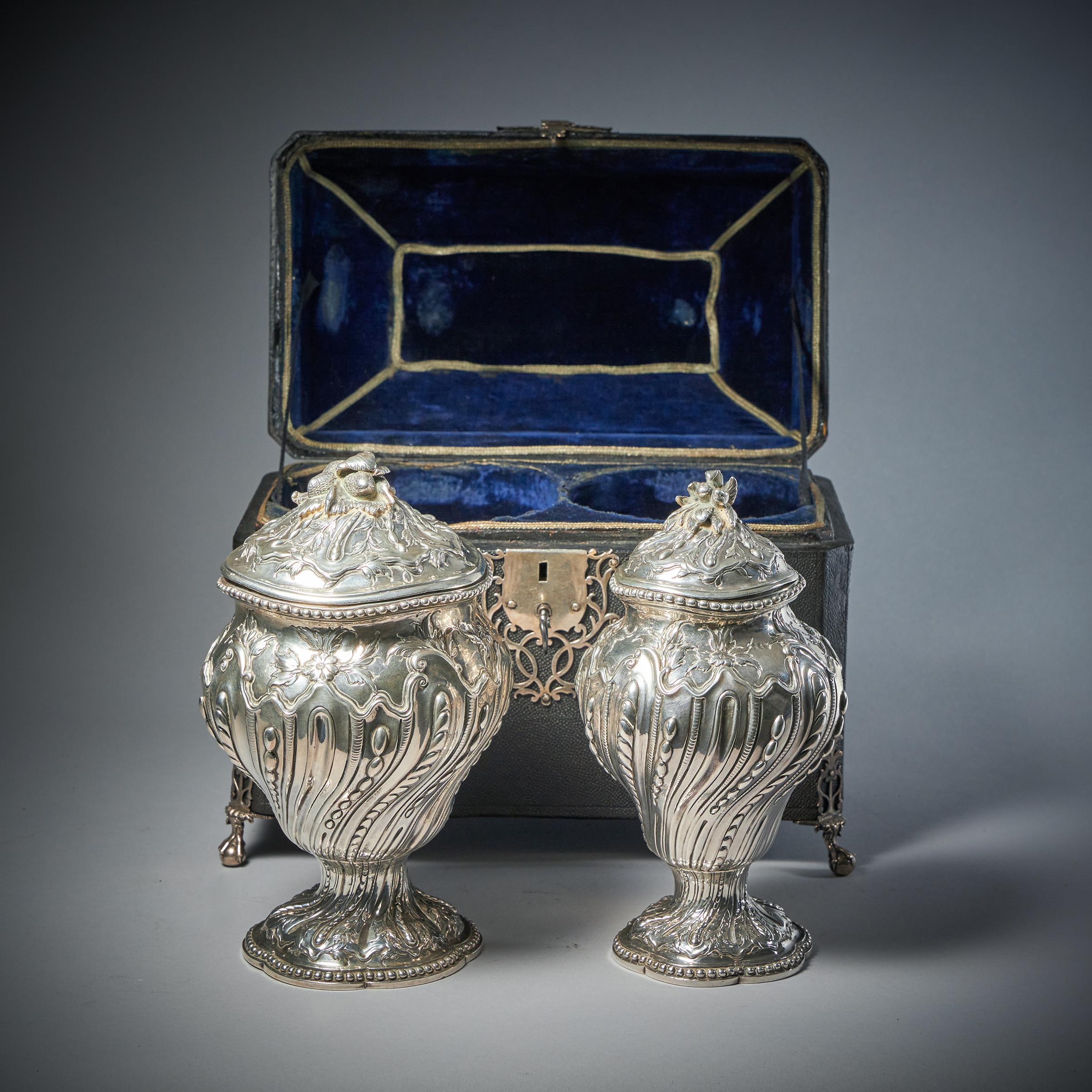 18th Century and Earlier Rare Silver Mounted George II Shagreen Tea Caddy with Silver Rocco Canistors For Sale