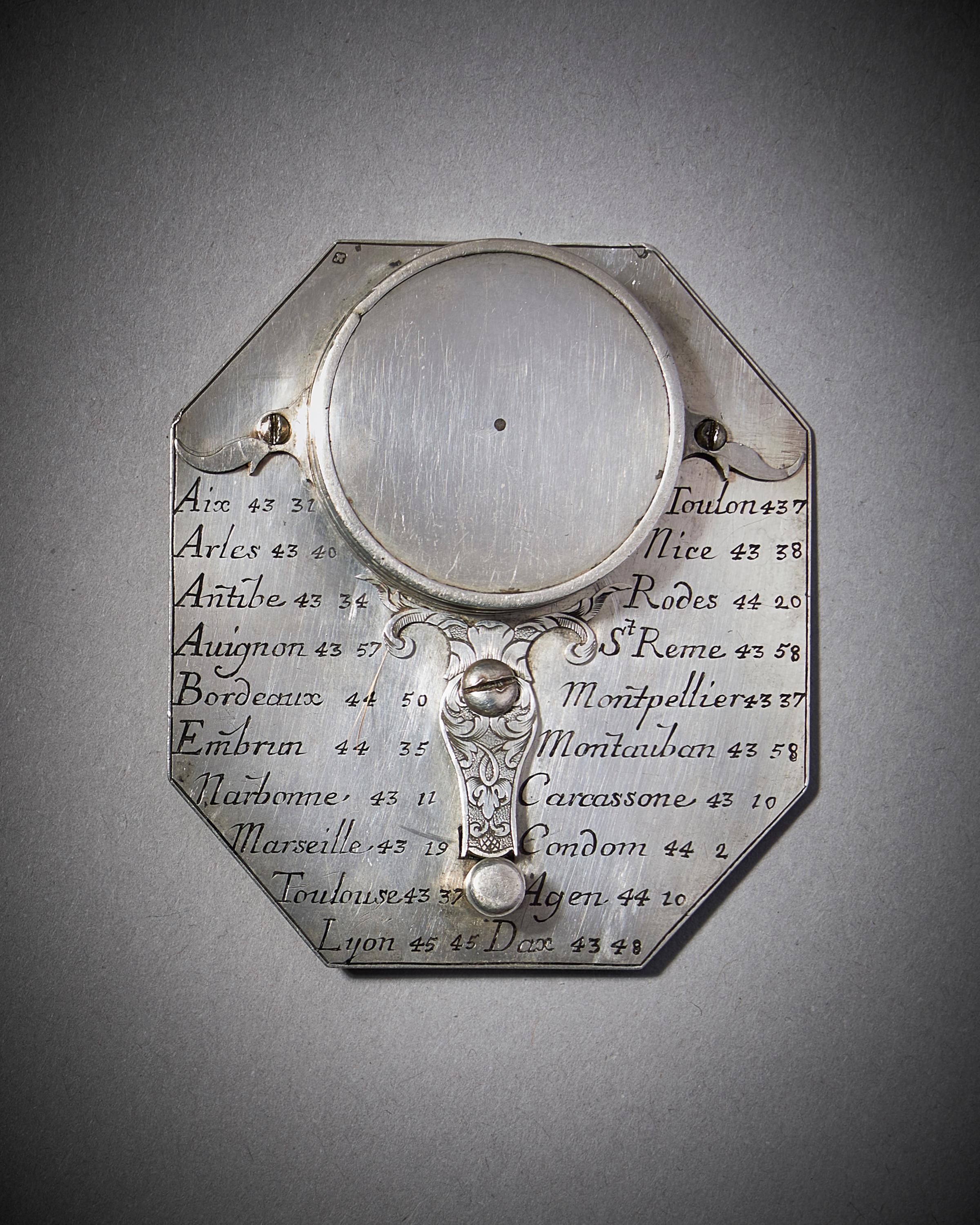 A beautiful, rare solid silver Anglo-French octagonal pocket sundial with compass by Michael Butterfield, circa 1700.

The sundial is made for a latitude of 44° and could be used in places in the south of France such as Avignon and elsewhere along