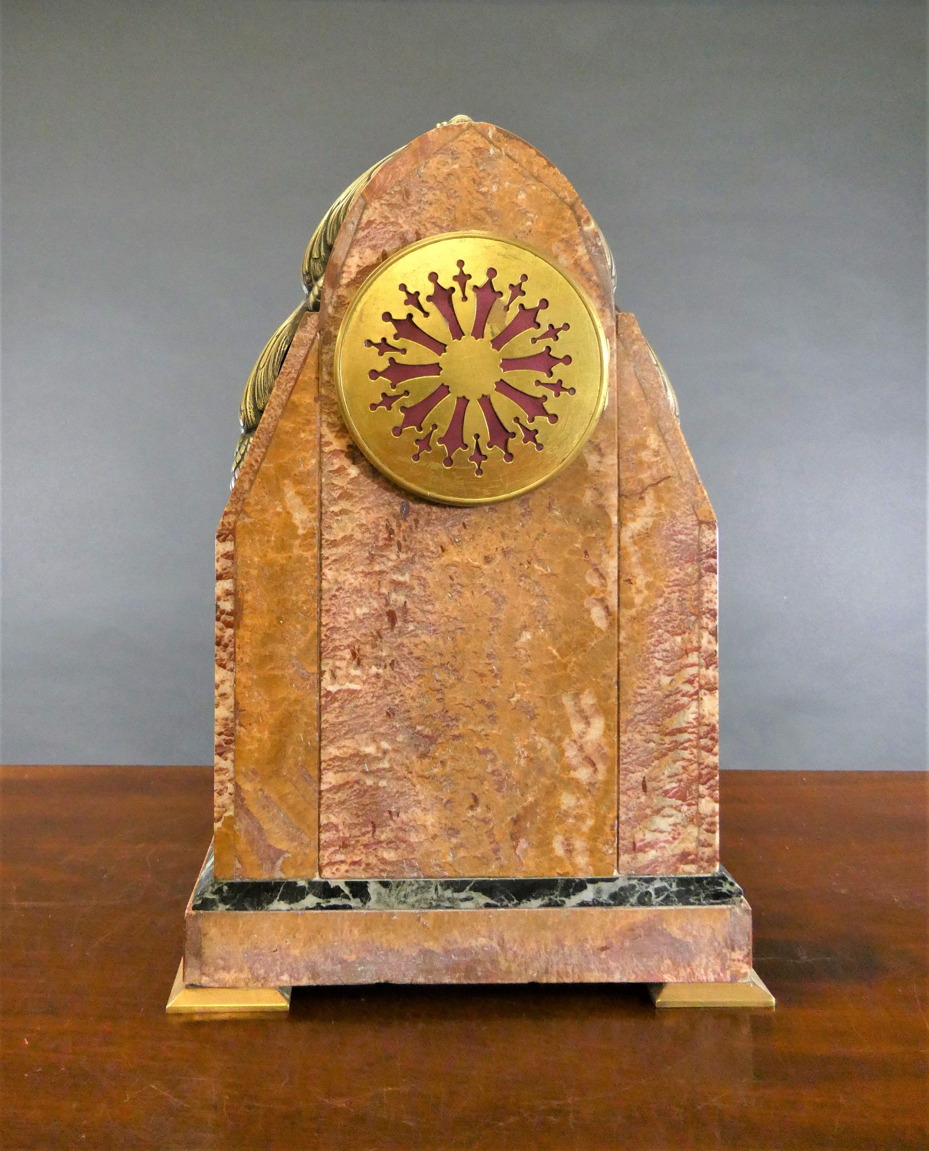 Early 20th Century Rare Skyscraper Rouge Marble Art Deco Mantel Clock For Sale