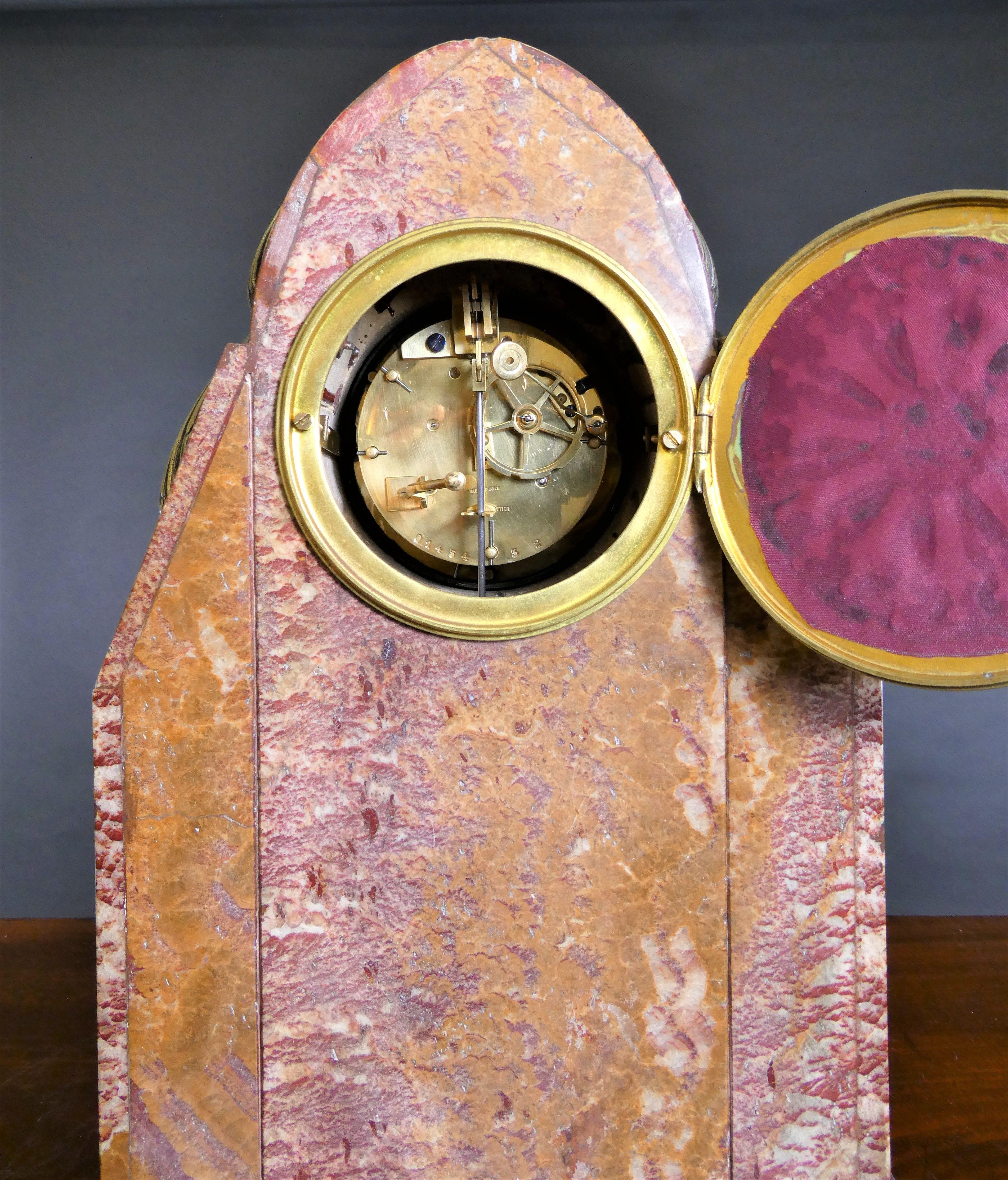 Rare Skyscraper Rouge Marble Art Deco Mantel Clock For Sale 1