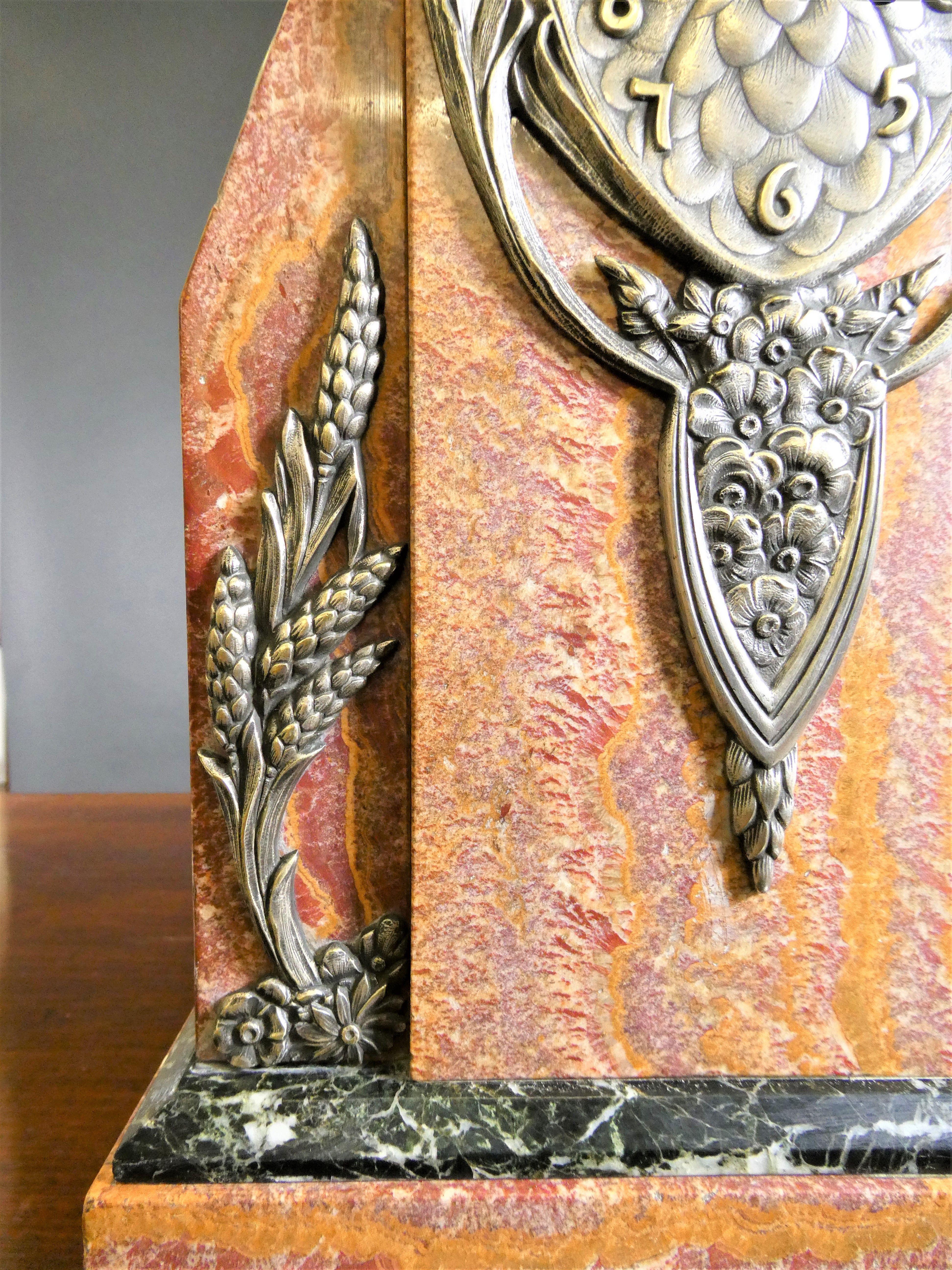 Rare Skyscraper Rouge Marble Art Deco Mantel Clock For Sale 4