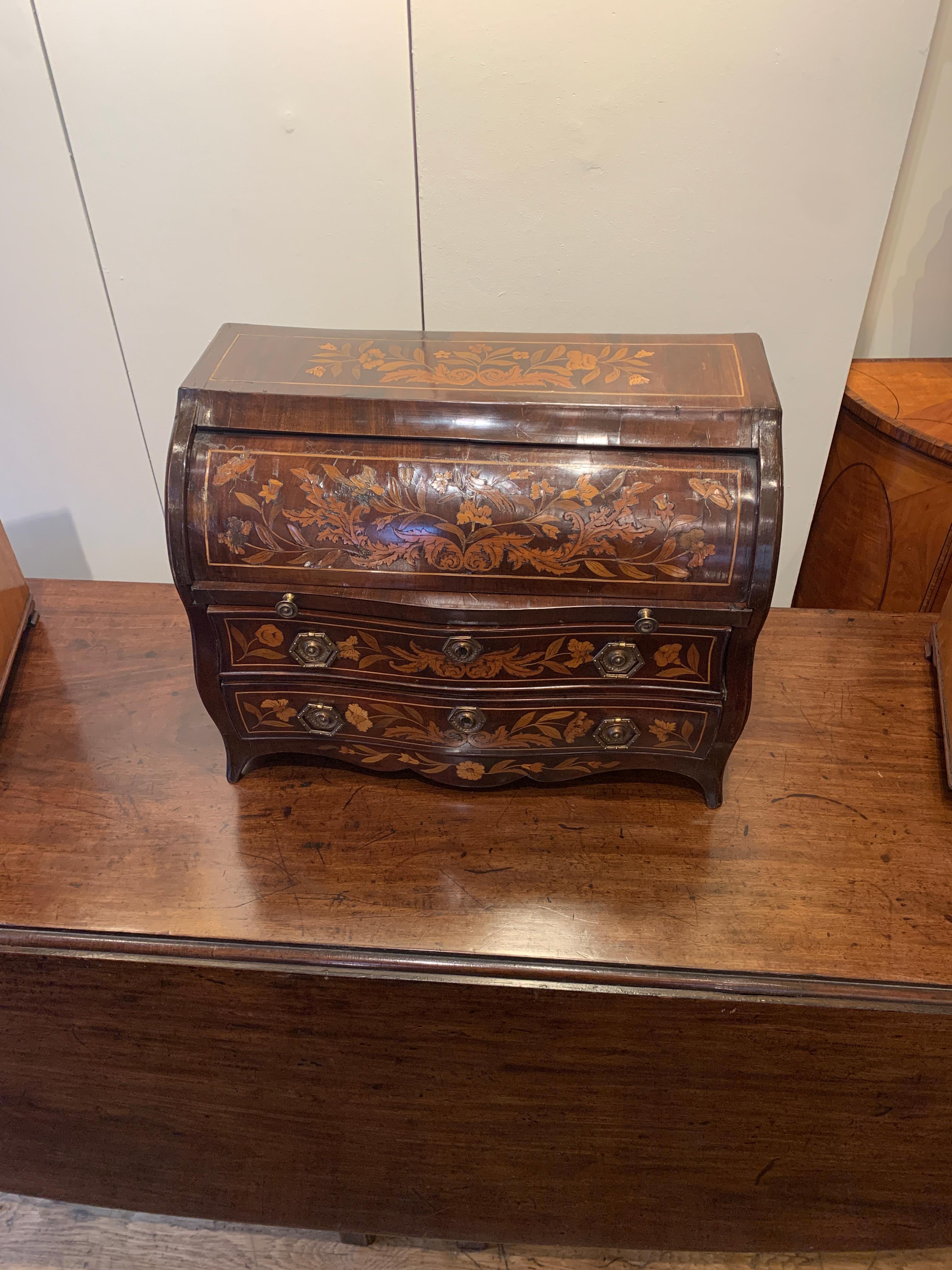 Early 19th Century Rare, Small Marquetry Cylinder Bureau, Different Fruit Woods