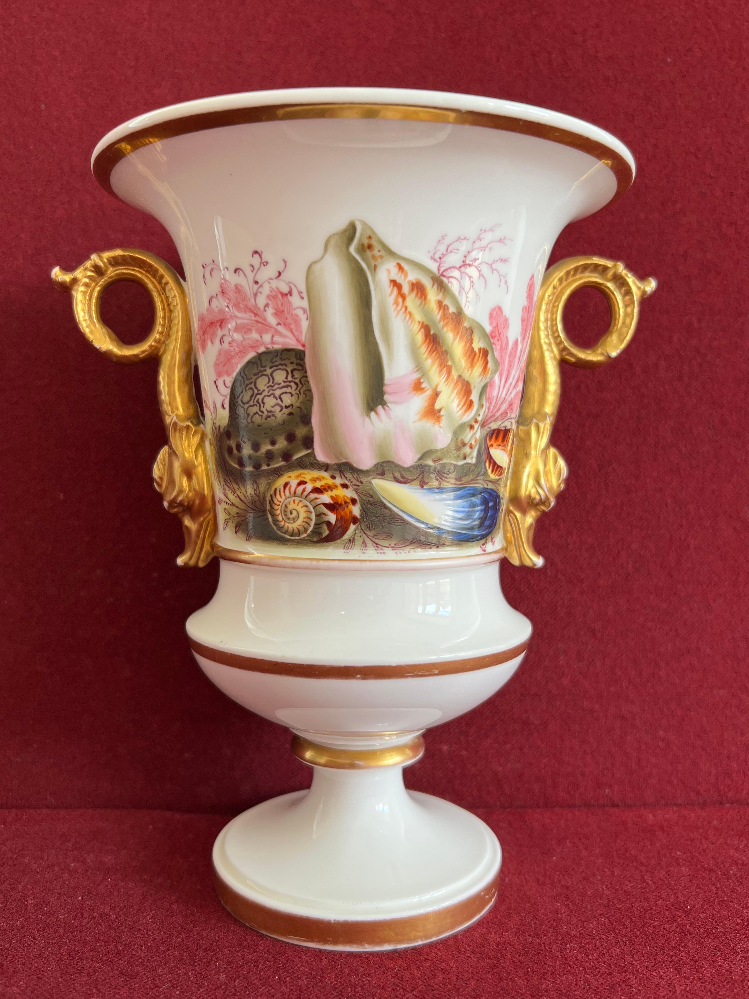 Un vase en porcelaine Spode incroyablement beau et rare, décoré de coquillages à l'avant et de fleurs à l'arrière.

Le nom de la forme est 