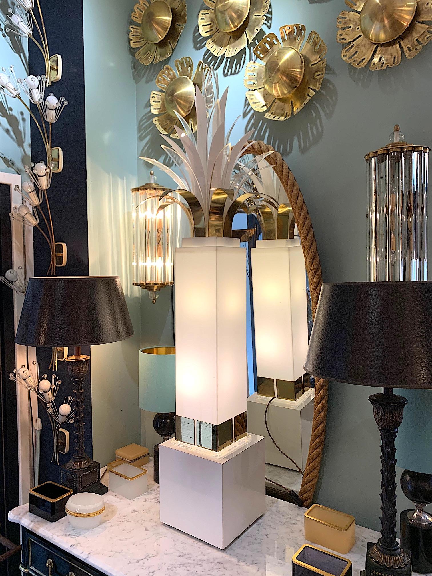 A rare stunning 1970s palm tree floor lamp by Peter Doff for Berger designs. The lamp is made of Lucite and brass with an opaque backlit stem which has 2 lights inside, mounted with brass and Lucite palm leaves on the top. The lights in the stem