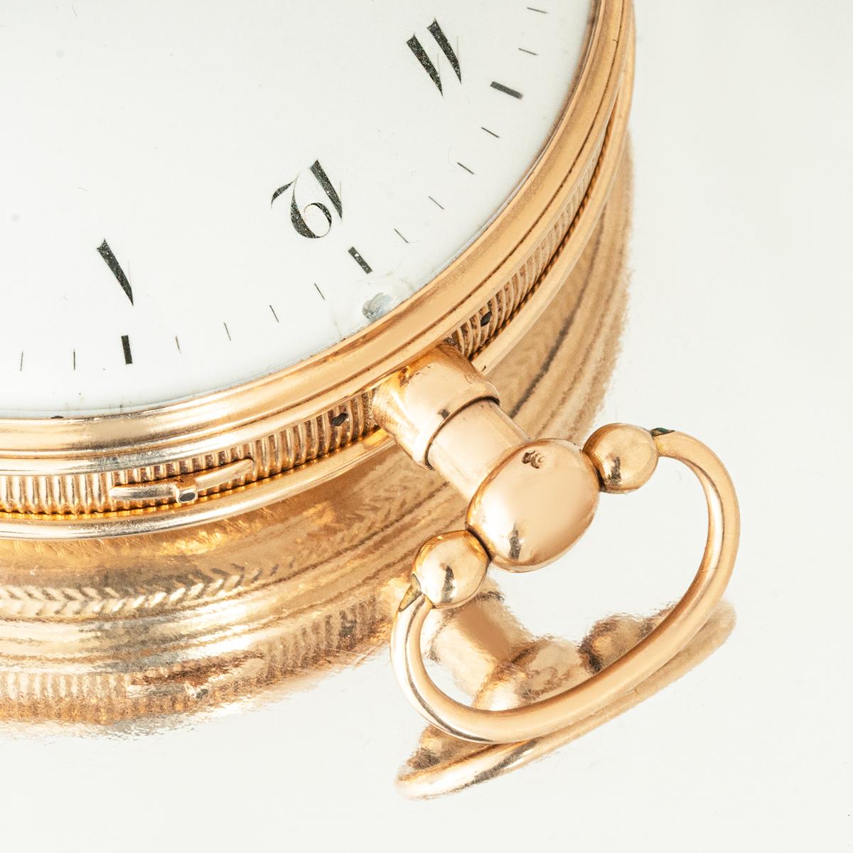 Raro reloj de bolsillo de repetición de cuartos musical cilíndrico de oro rosa de 18 quilates con carátula abierta C.1820.

Esfera: La elegante esfera de esmalte blanco con números Breguet, minutero exterior y agujas lunares originales de acero