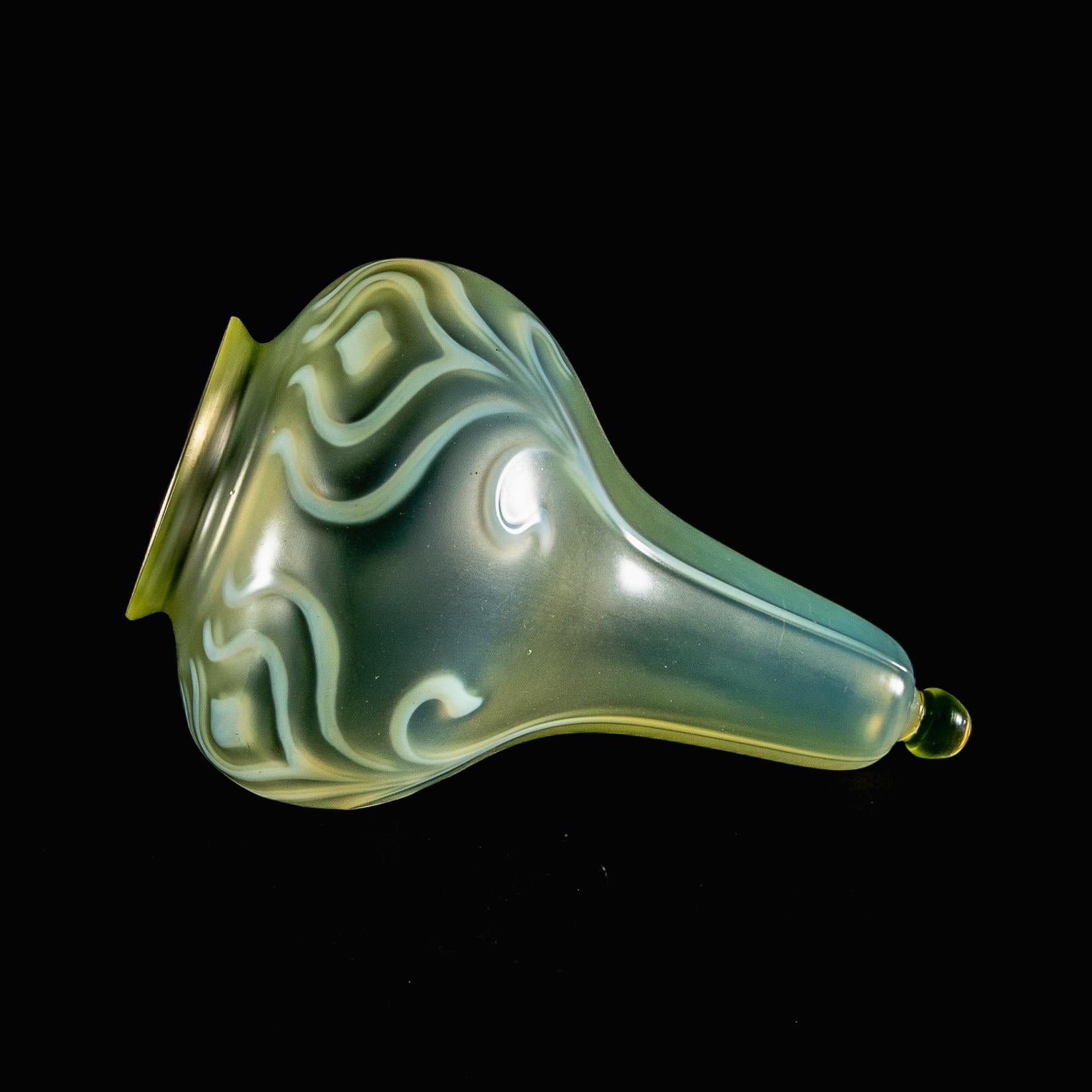A Rare Tear Drop Vaseline Glass Shade with Stylized Peacock Feather Motifs For Sale 3
