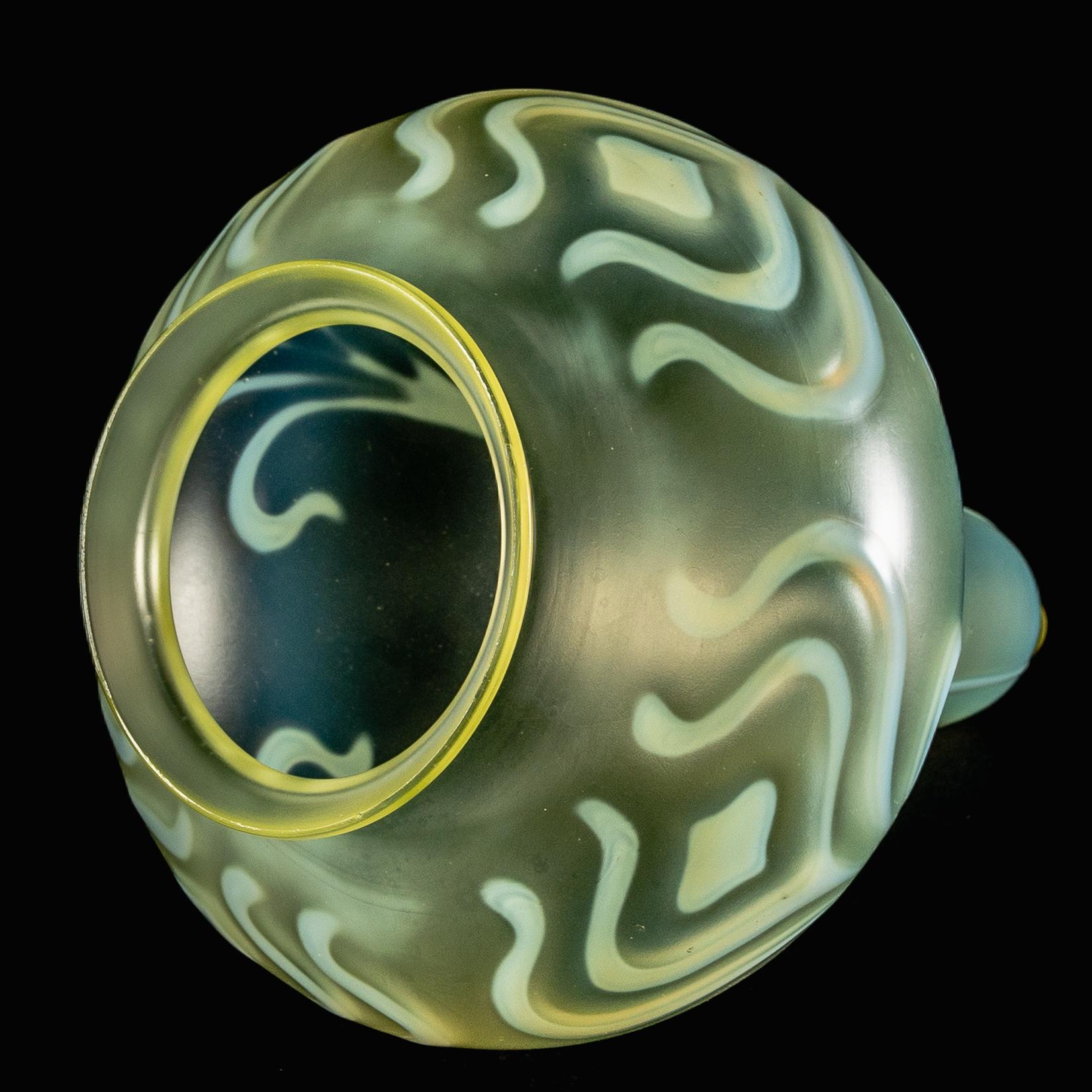 A Rare Tear Drop Vaseline Glass Shade with Stylized Peacock Feather Motifs For Sale 6