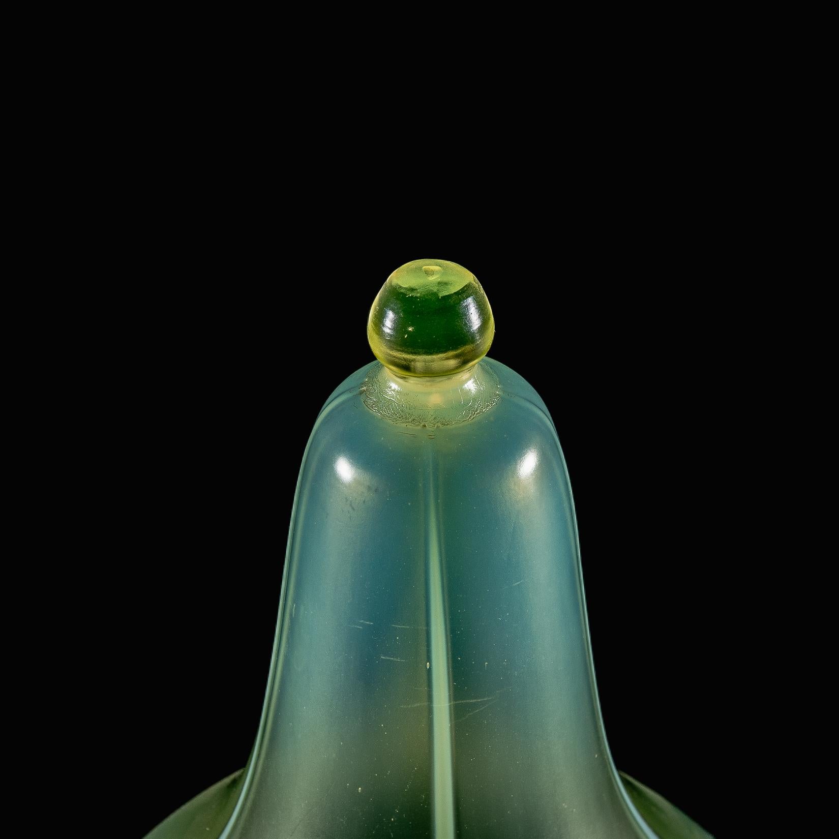 A Rare Tear Drop Vaseline Glass Shade with Stylized Peacock Feather Motifs For Sale 8