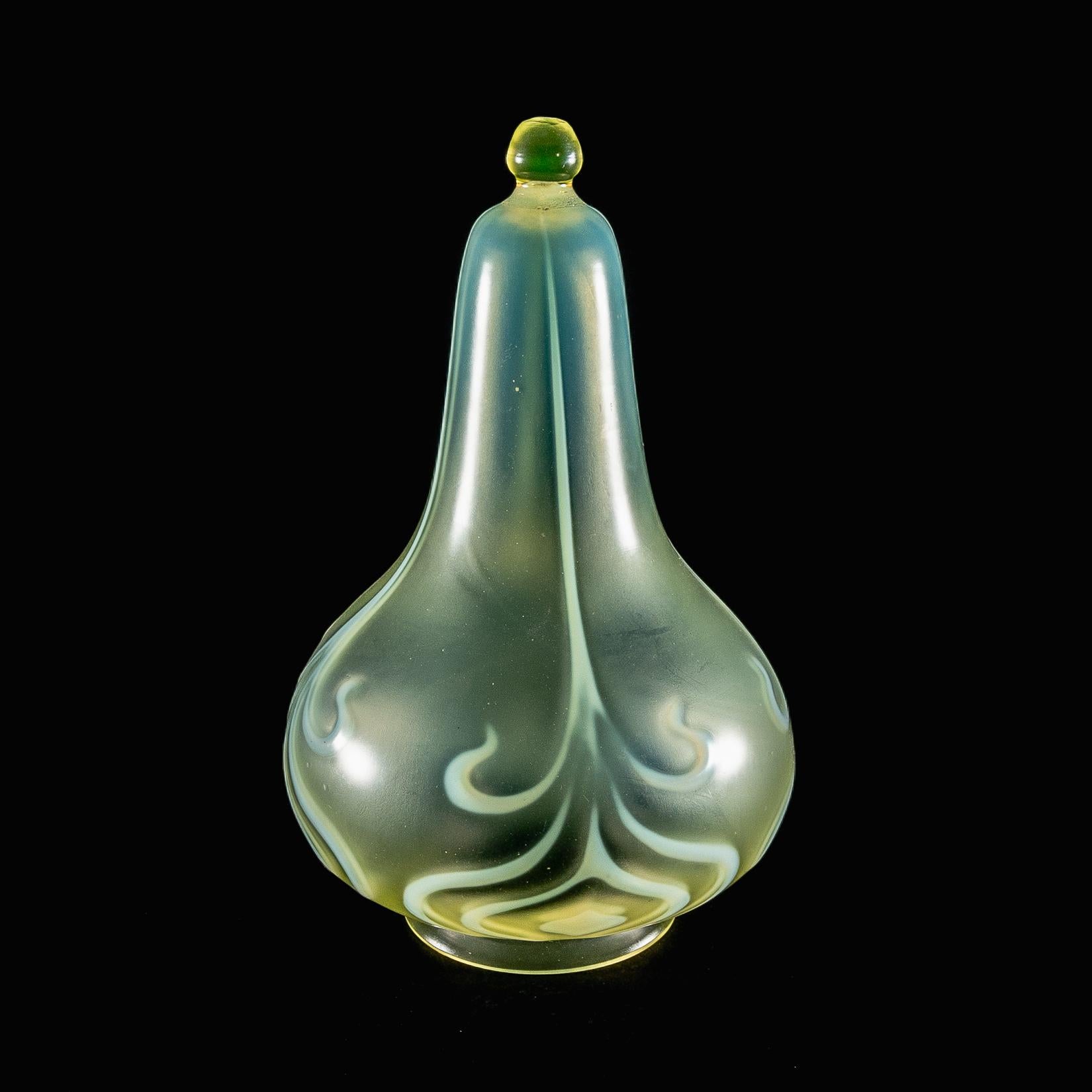 Arts and Crafts A Rare Tear Drop Vaseline Glass Shade with Stylized Peacock Feather Motifs For Sale