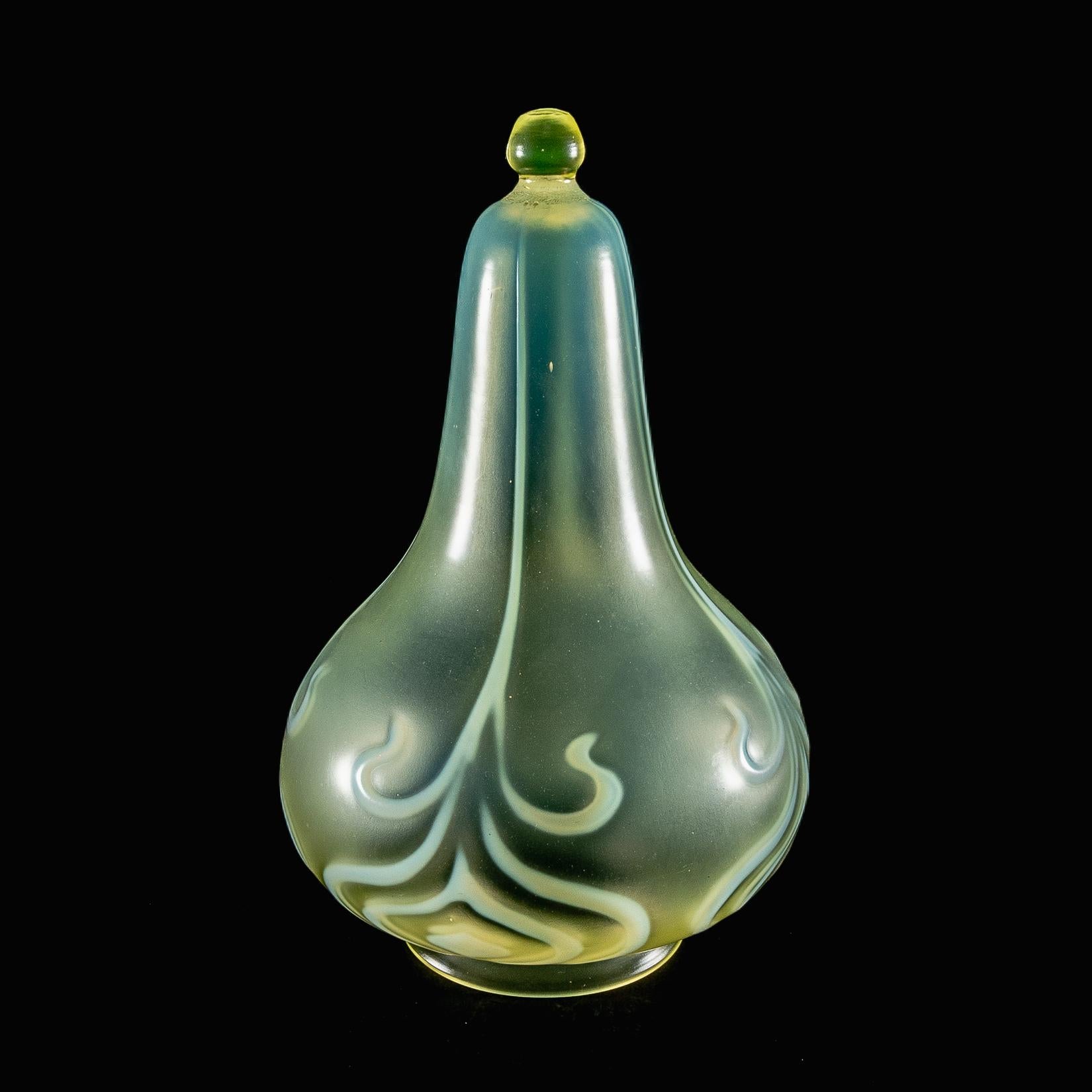Hand-Crafted A Rare Tear Drop Vaseline Glass Shade with Stylized Peacock Feather Motifs For Sale