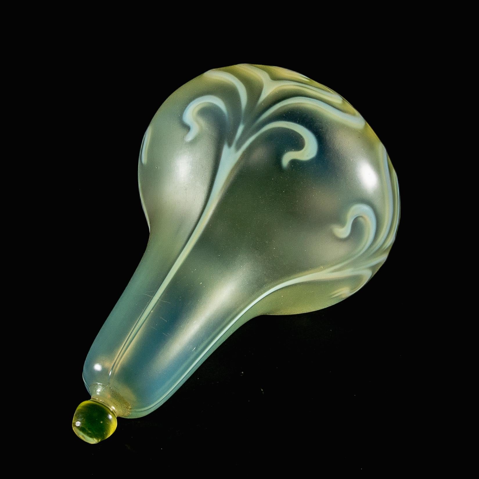 A Rare Tear Drop Vaseline Glass Shade with Stylized Peacock Feather Motifs For Sale 1