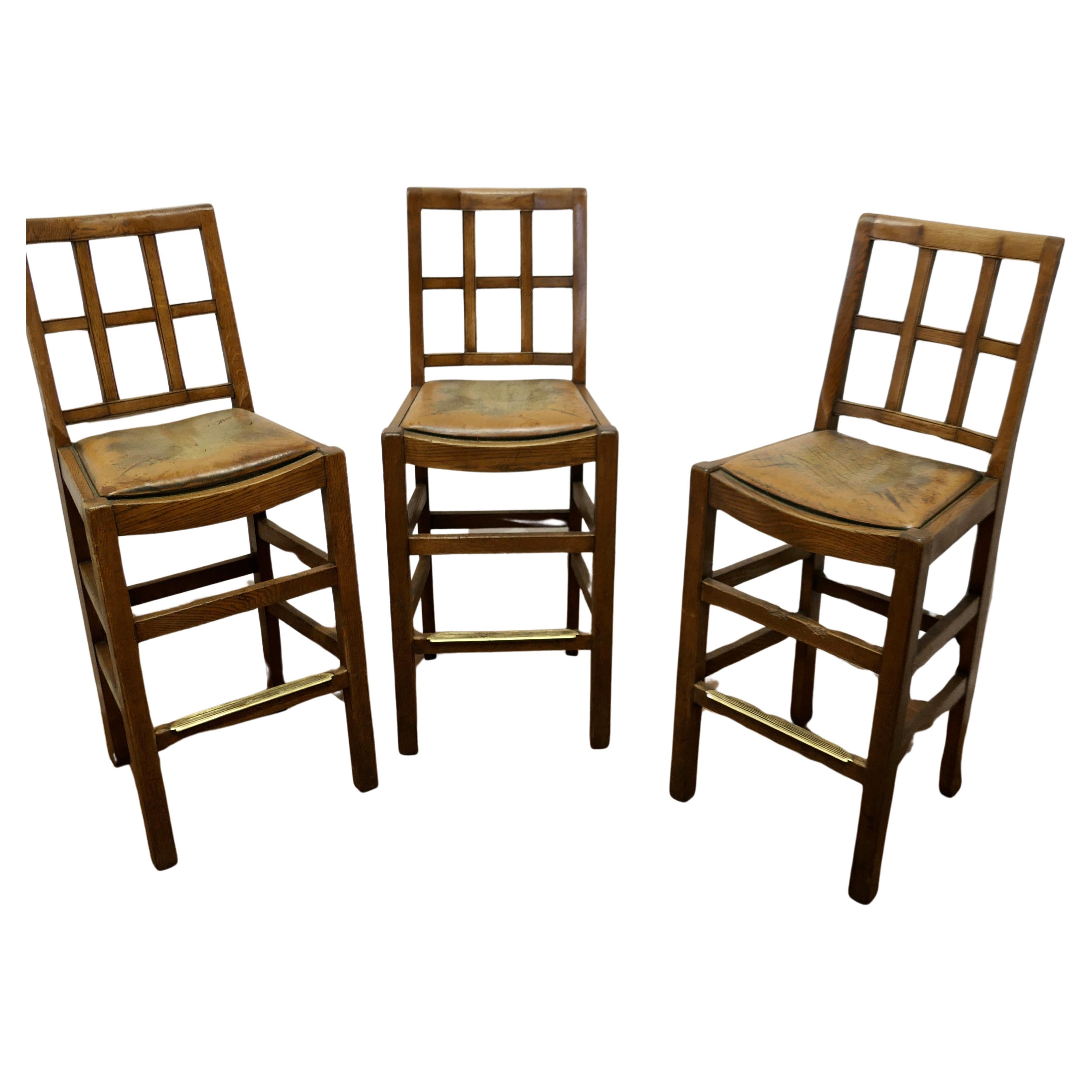 A Rare Trio of Arts and Crafts High Bar Stools, in Golden Oak   For Sale
