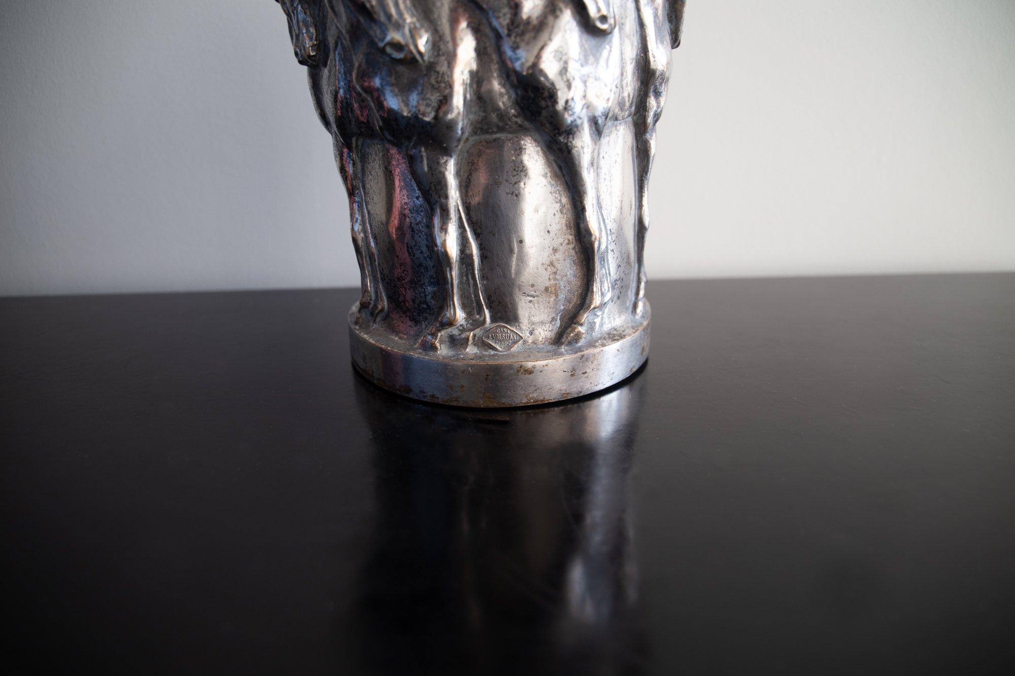 A rare Valsuani silvered bronze vase of prancing horses, Paris 1930 For Sale 1