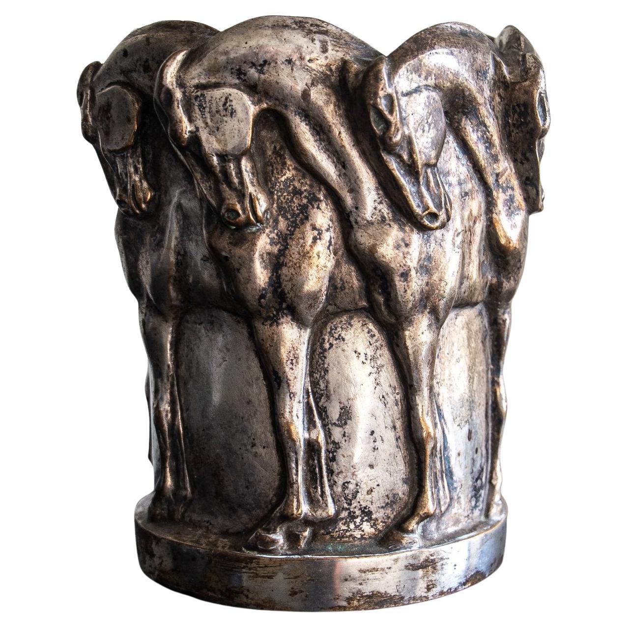 A rare Valsuani silvered bronze vase of prancing horses, Paris 1930