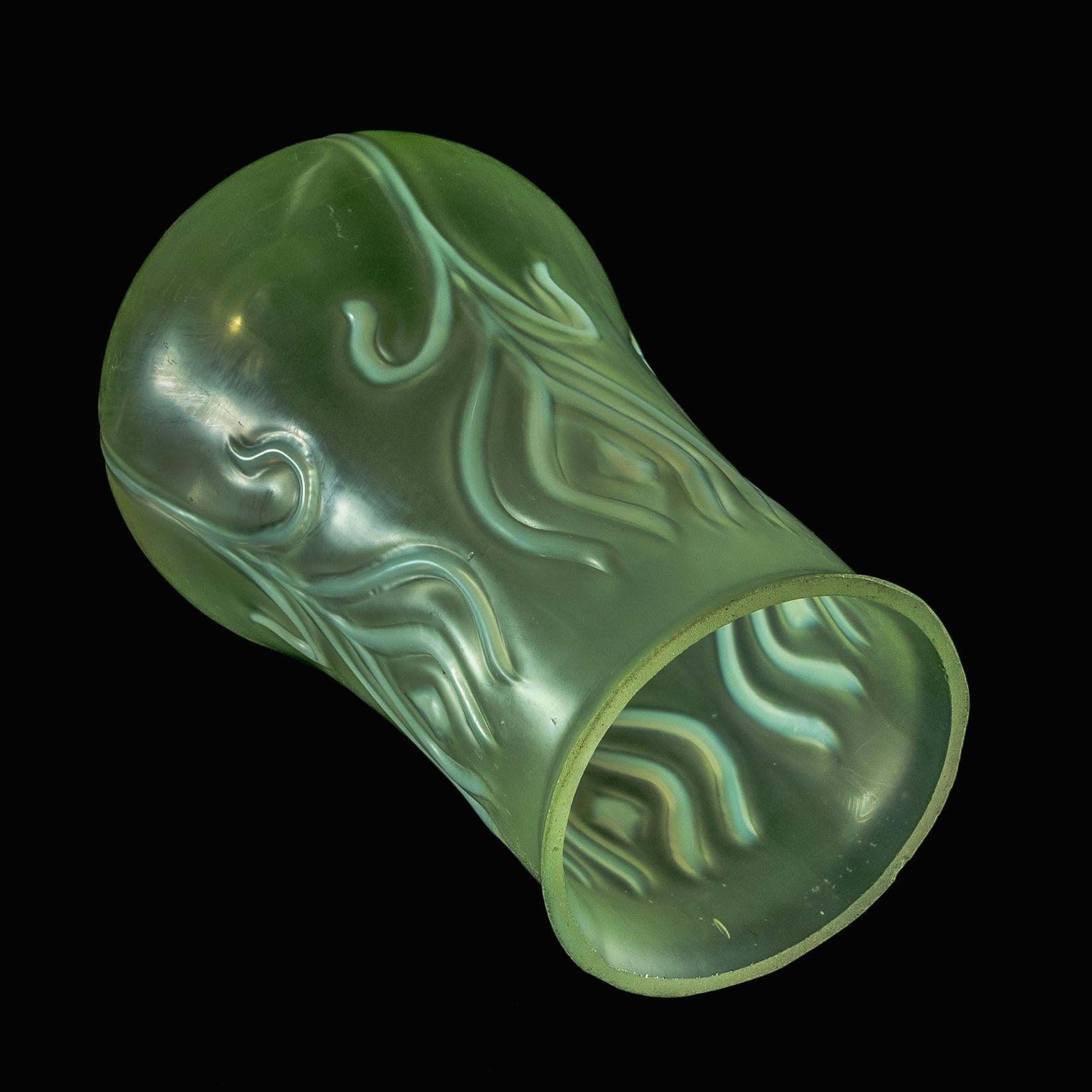 Hand-Crafted A Rare Vaseline Arts & Crafts Shade with Peacock Feather Motif & Bulbous Design For Sale