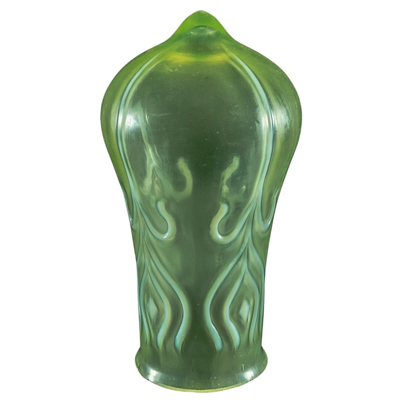 A Rare Vaseline Arts & Crafts Shade with Peacock Feather Motif & Bulbous Design For Sale