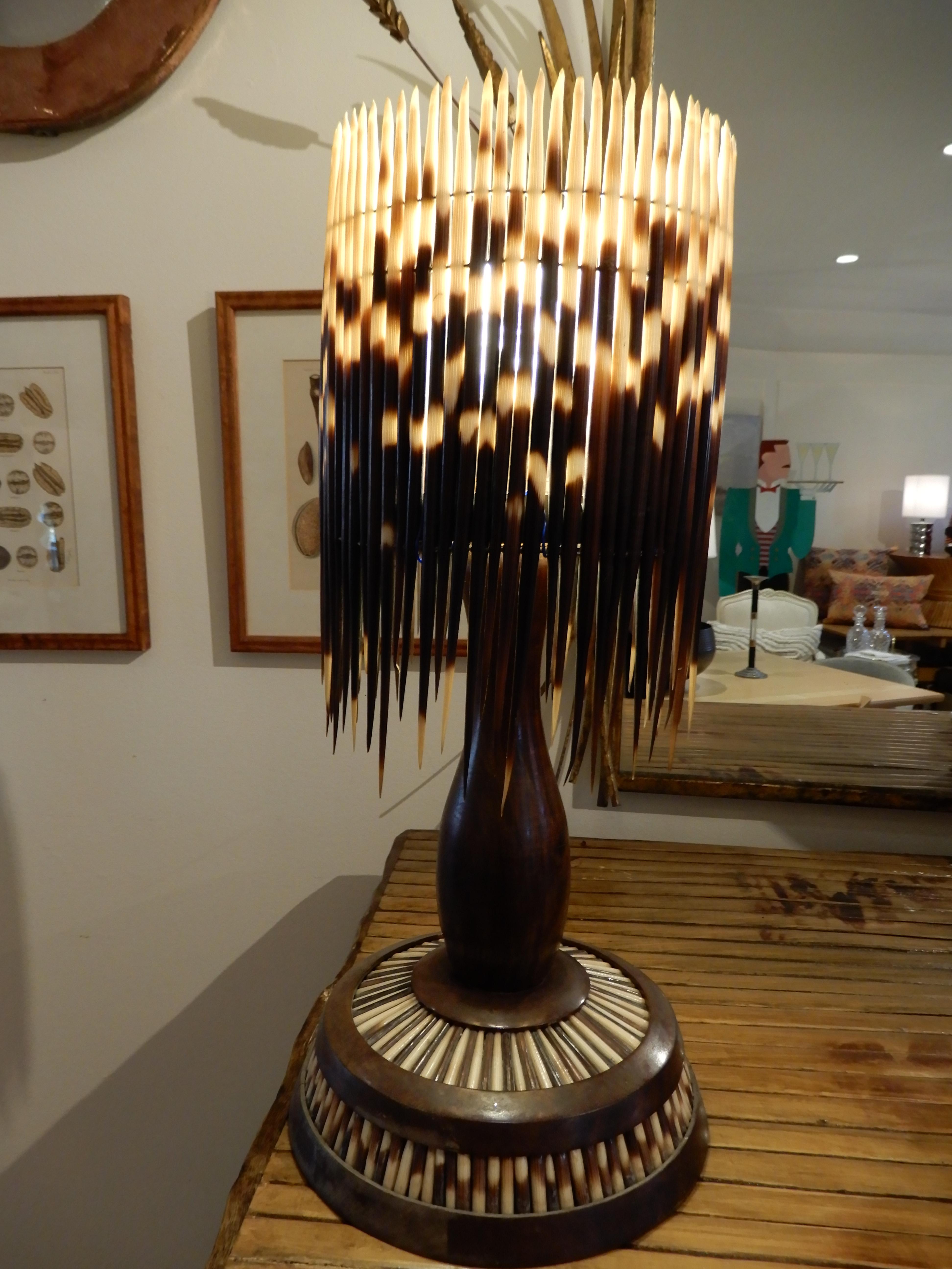 Hand-Crafted Rare Vintage 1930s Porcupine Quill and Walnut Wood Lamp