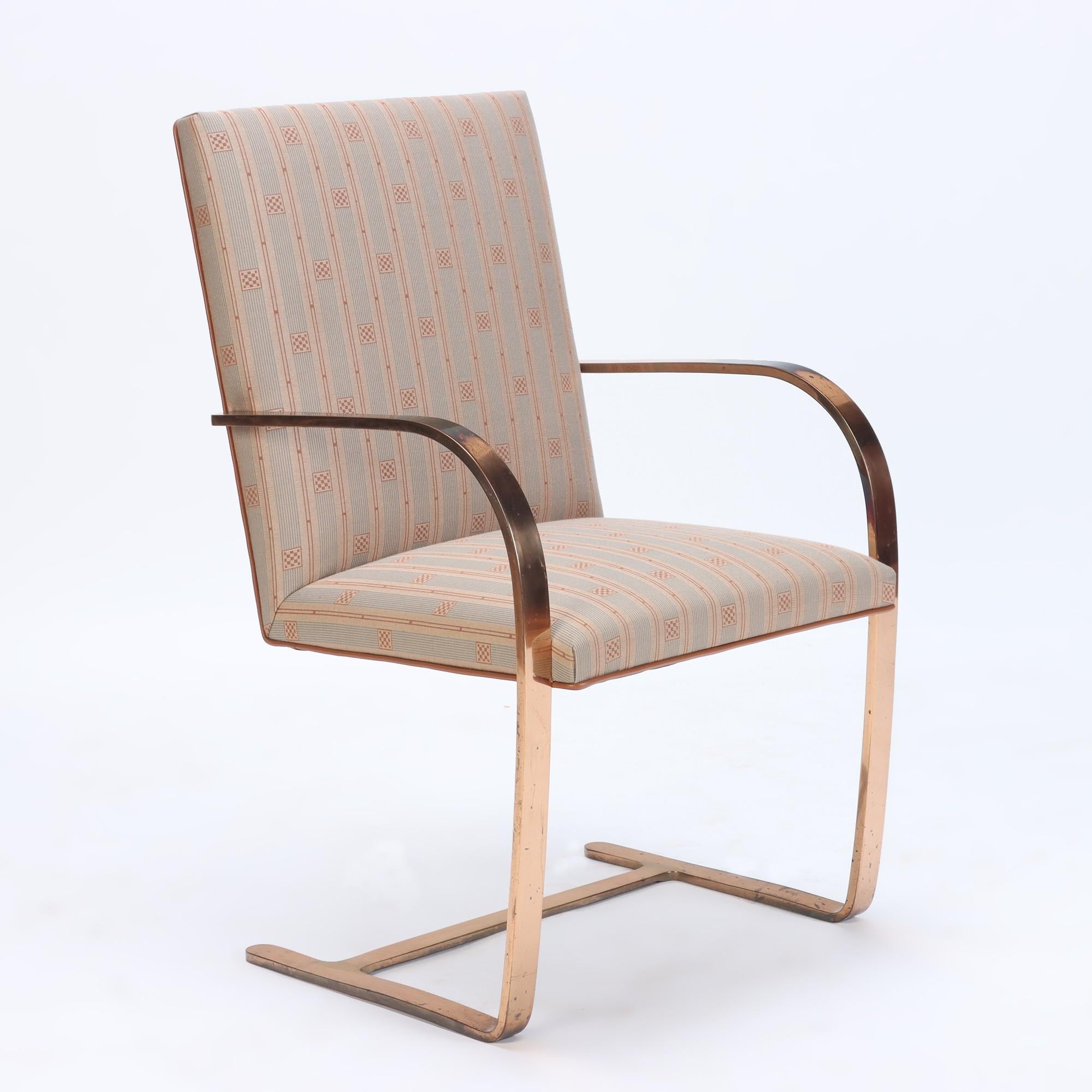 A rare vintage high back Brno chair with original bronze flat bar frame, Mid Century. Herman Miller Mid Century Modern fabric and leather welting.