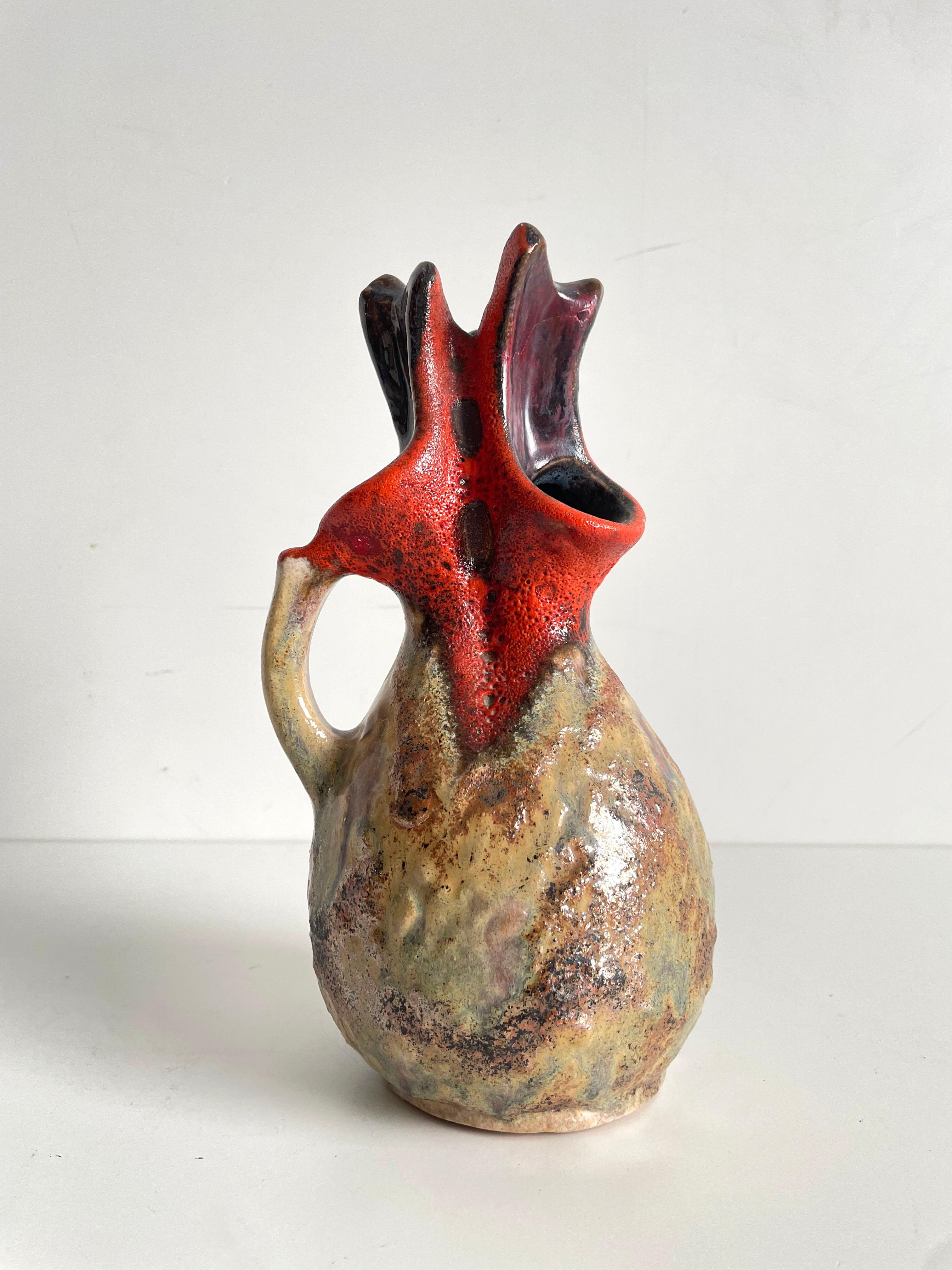 Vernissé Rare vase Walter Gerhards Design/One, belles couleurs Brown-Beige et rouge, années 1970 en vente