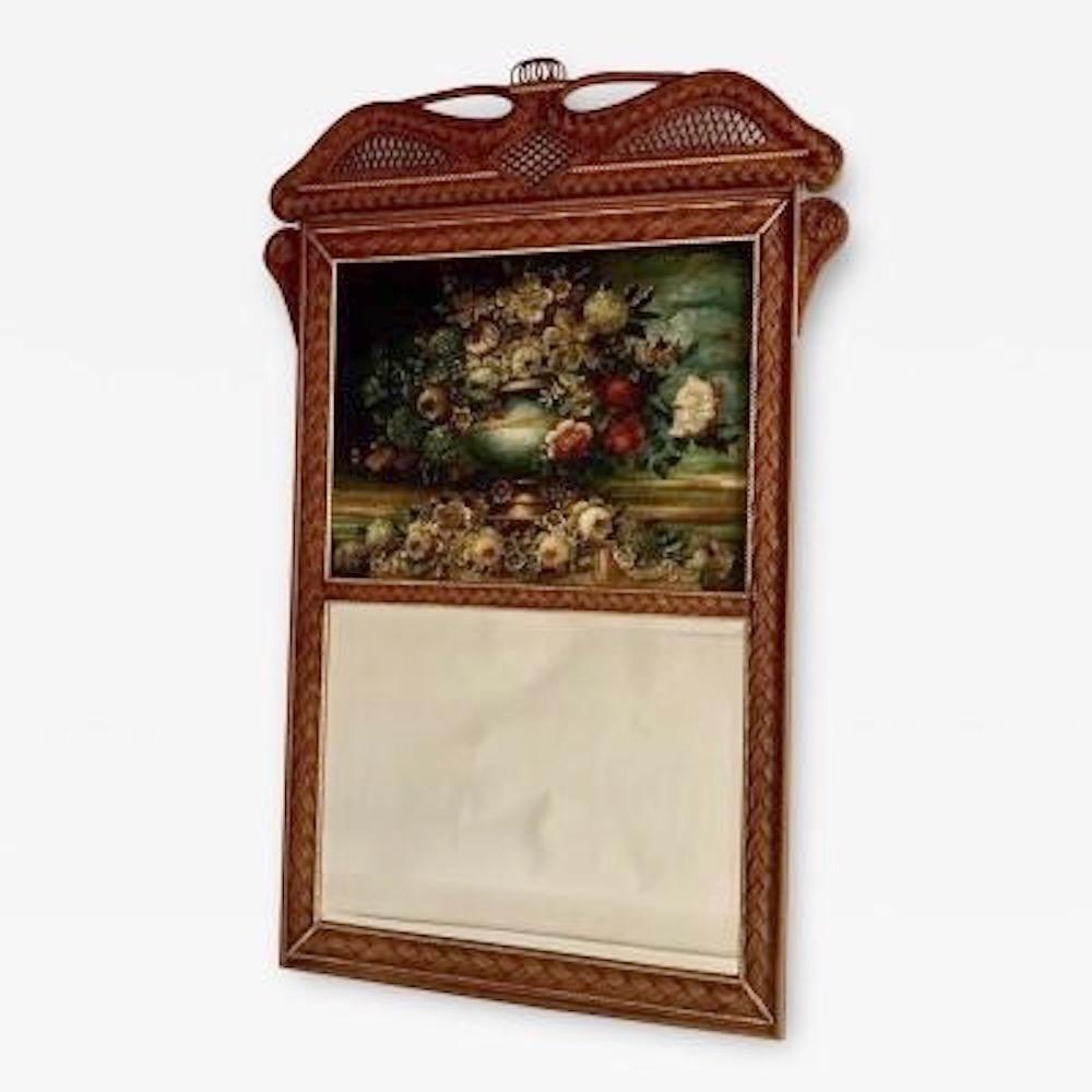 Edwardian A  Rare Wicker Framed Trumeau Mirror with Oil on Canvas Floral Still Life