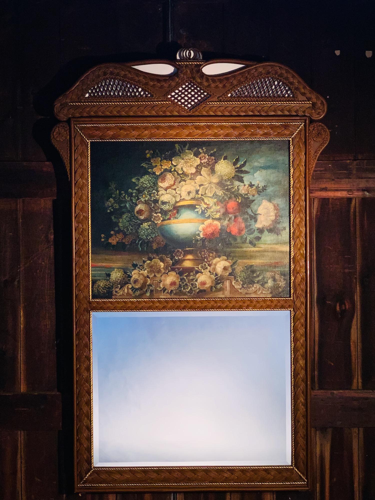 American A  Rare Wicker Framed Trumeau Mirror with Oil on Canvas Floral Still Life