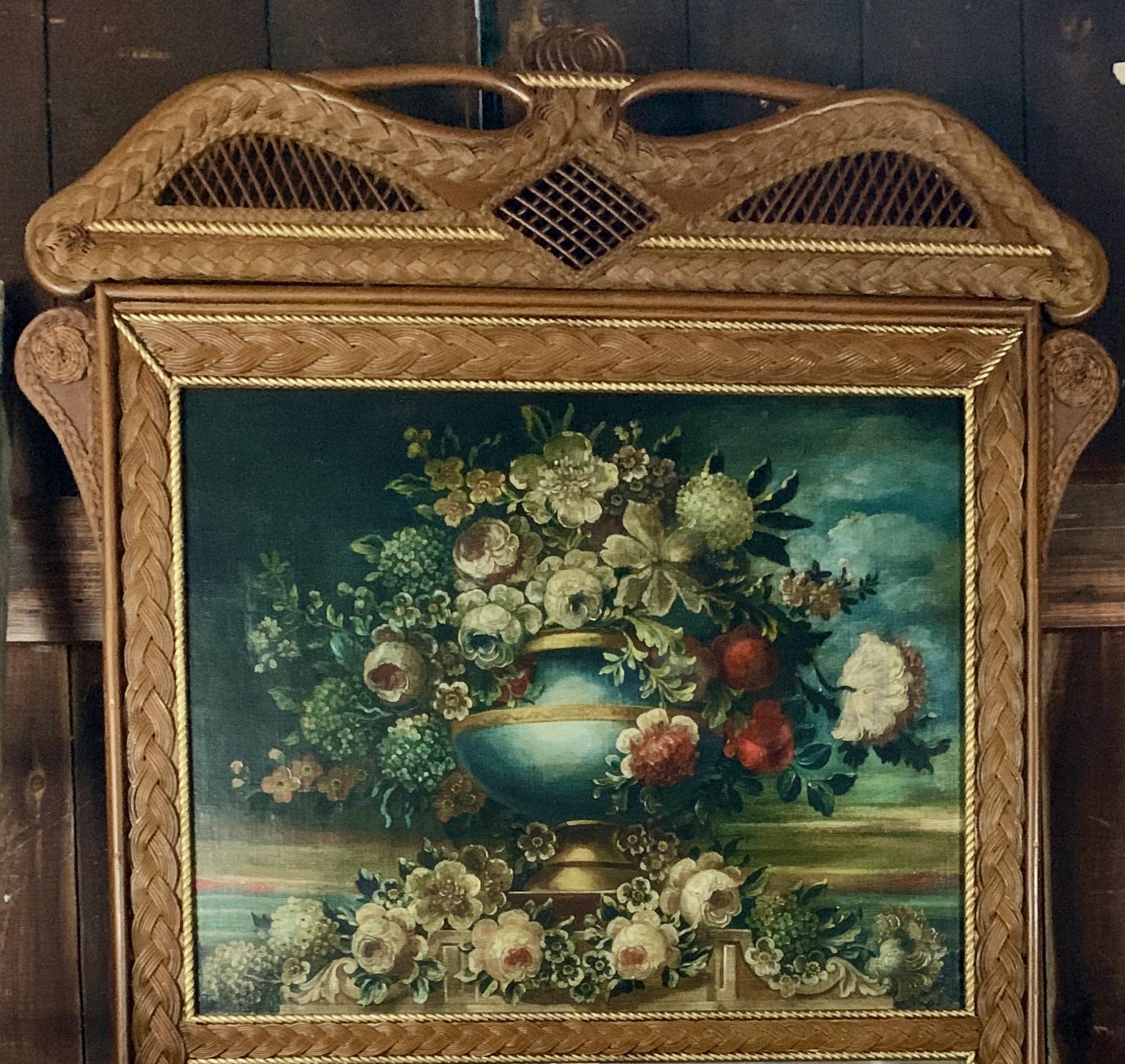Painted A  Rare Wicker Framed Trumeau Mirror with Oil on Canvas Floral Still Life