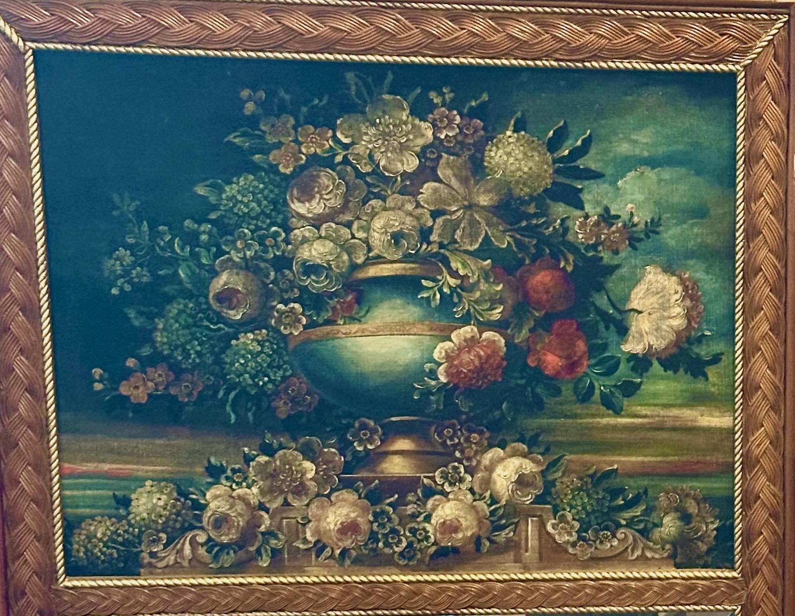 A  Rare Wicker Framed Trumeau Mirror with Oil on Canvas Floral Still Life In Good Condition In Nashua, NH