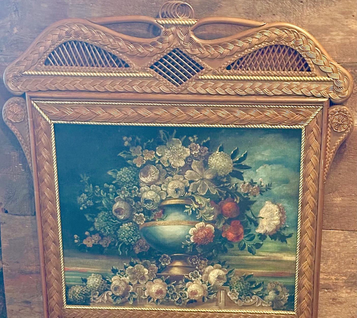 20th Century A  Rare Wicker Framed Trumeau Mirror with Oil on Canvas Floral Still Life