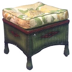 A Rare Wicker Upholstered Ottoman in French Green Finish