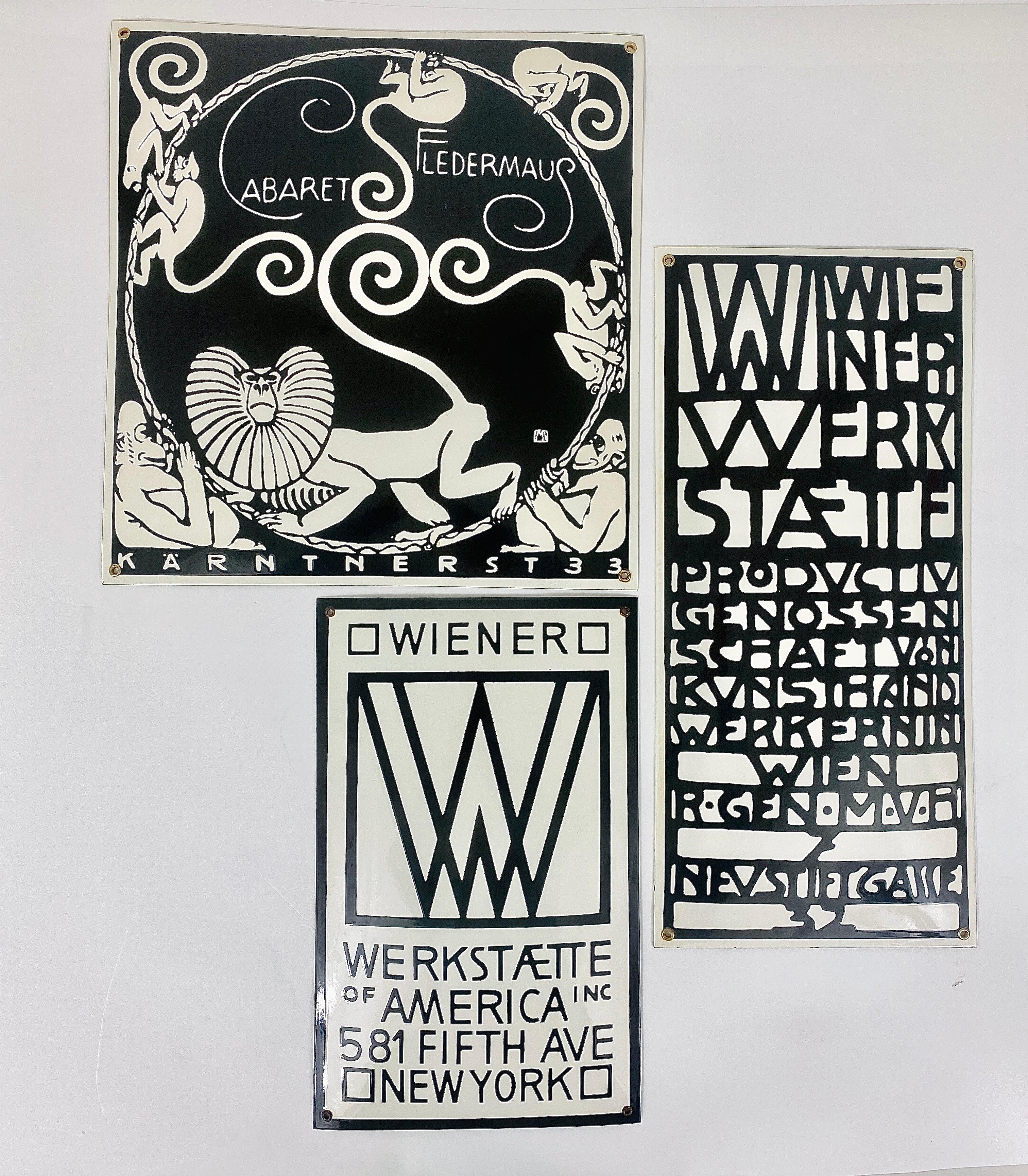 A rare, domed, black and white enameled Art Nouveau advertising sign for Wiener Werkstätte. 
(founded by Josef Hoffmann, Koloman Moser and Fritz Waerndorfer in 1903 in Vienna)

Wiener Werkstätte of America Inc 581 Fifth Ave New York

Designed