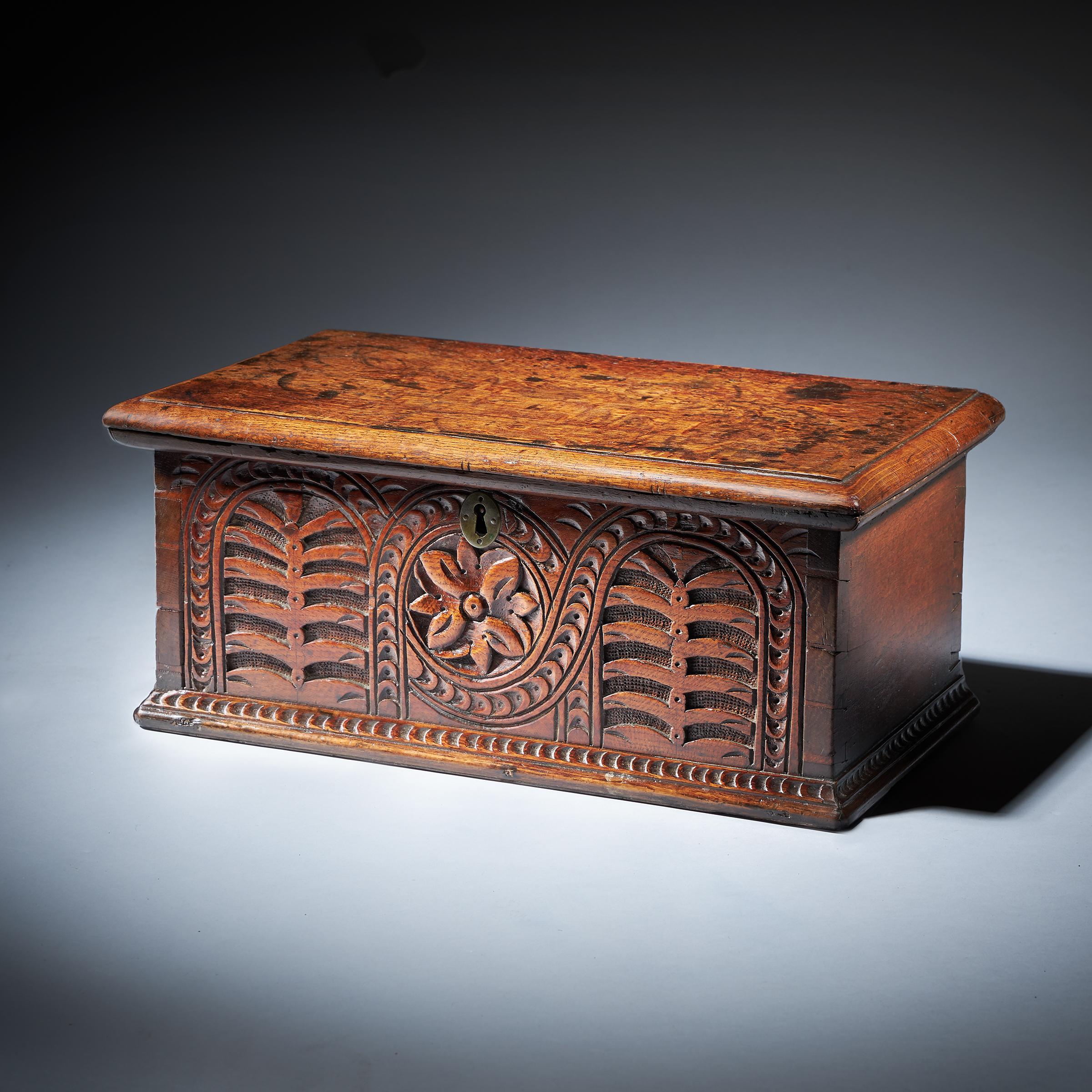 English Rare William and Mary 17th Century Carved Oak Deeds Box of Small Proportions