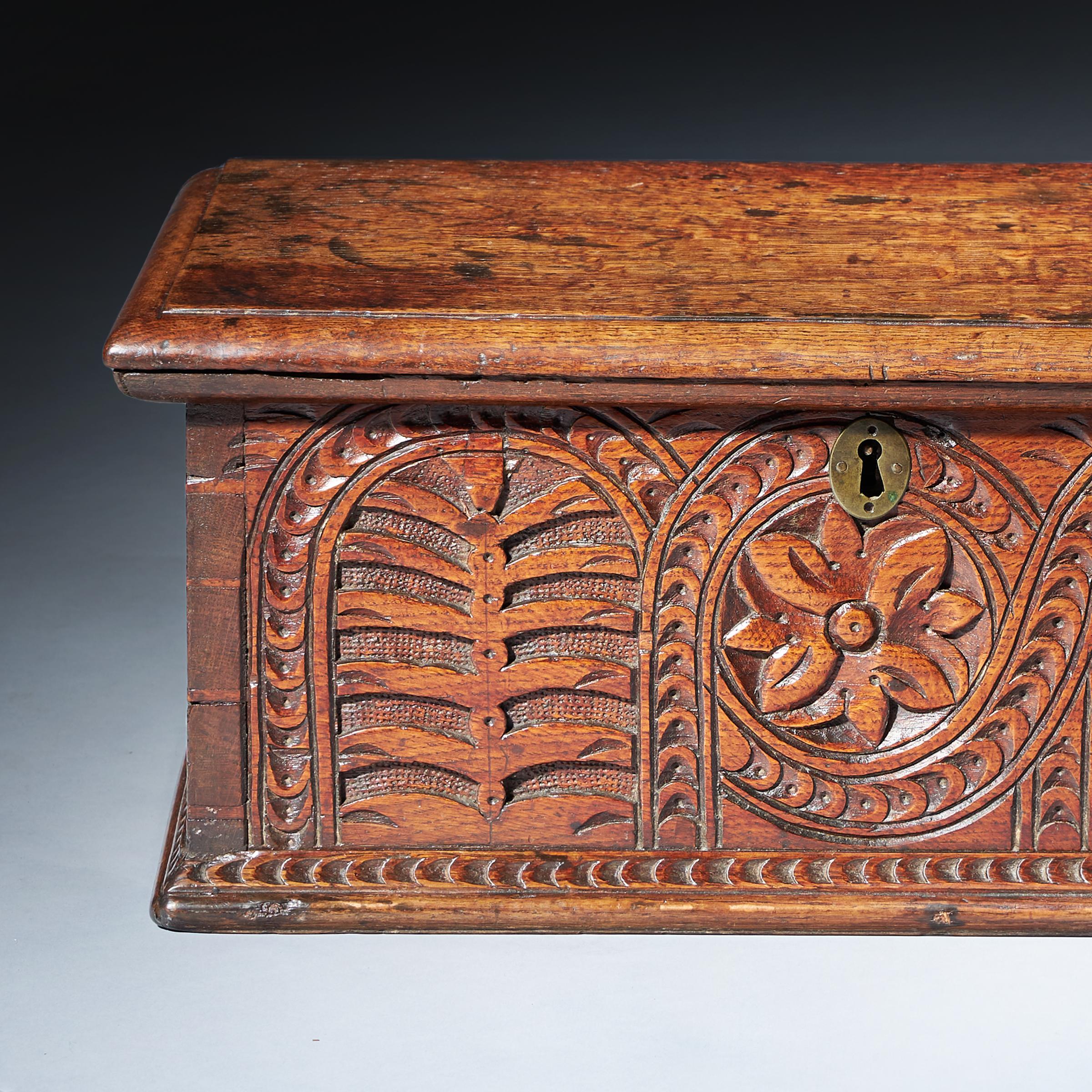 18th Century and Earlier Rare William and Mary 17th Century Carved Oak Deeds Box of Small Proportions