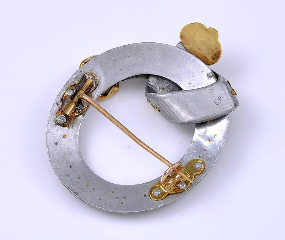 Aluminium was discovered in 1825 and rapidly became more valuable than silver but in 1886 a simple way of extracting the metal was discovered so the price reverted to that of a base metal. This oval brooch is French and would have been made around
