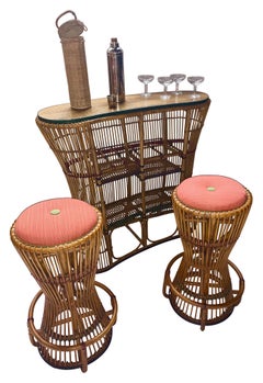 Rattan Kidney Shaped Bar Set with Upholstered Stools, Art Deco, 1920s