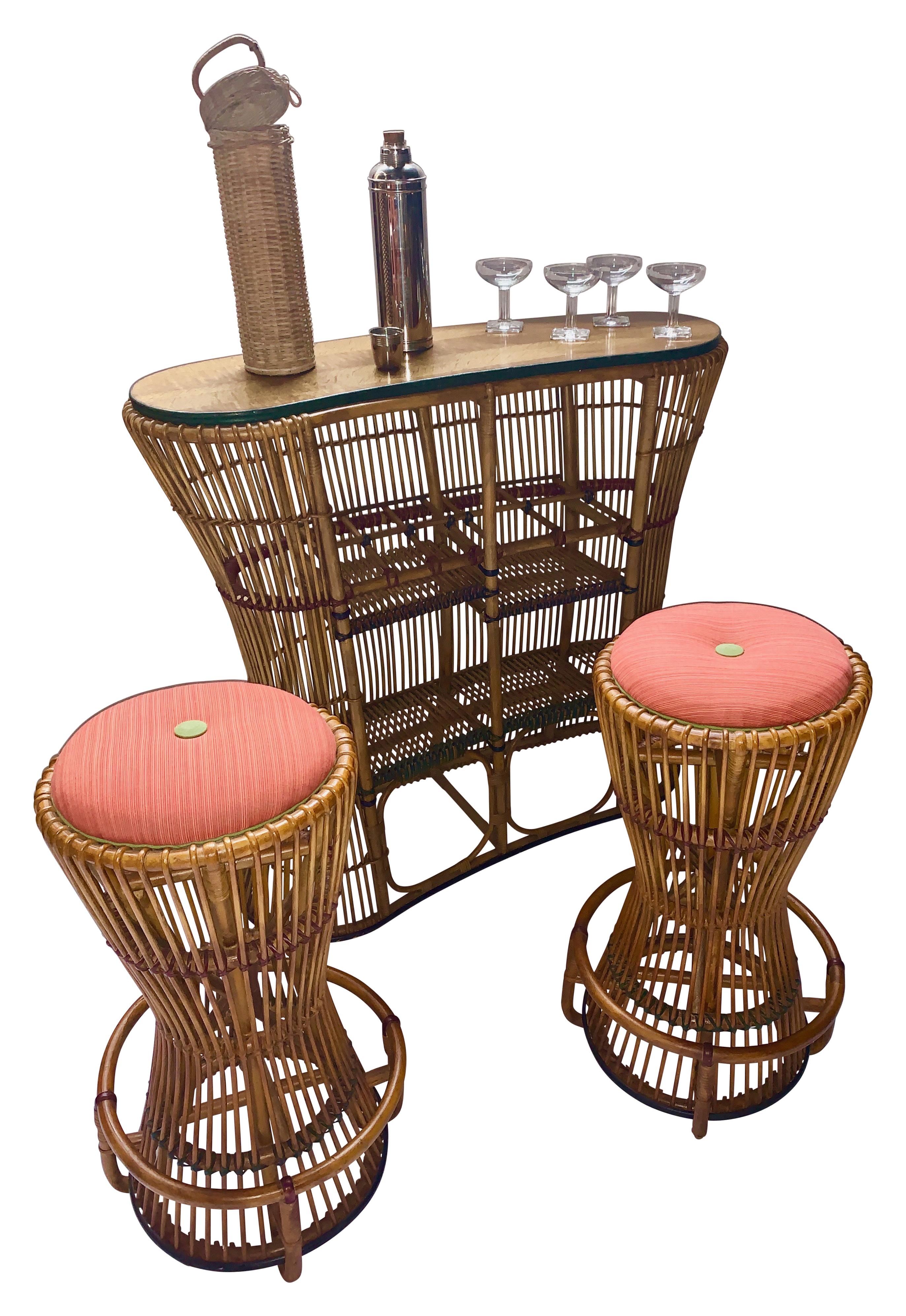 Art Deco Rattan Kidney Shaped Bar with Matching Upholstered Rattan Stools For Sale