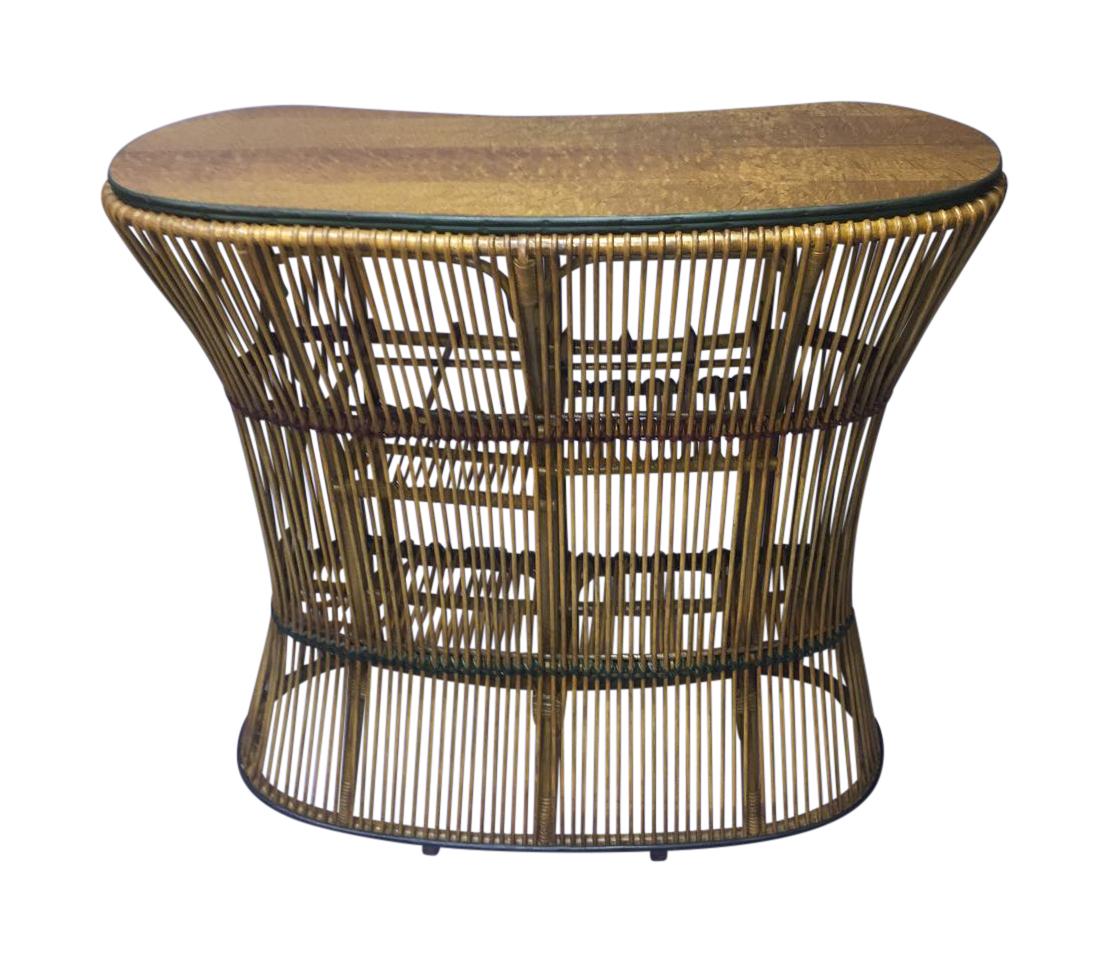 American Rattan Kidney Shaped Bar with Matching Upholstered Rattan Stools For Sale