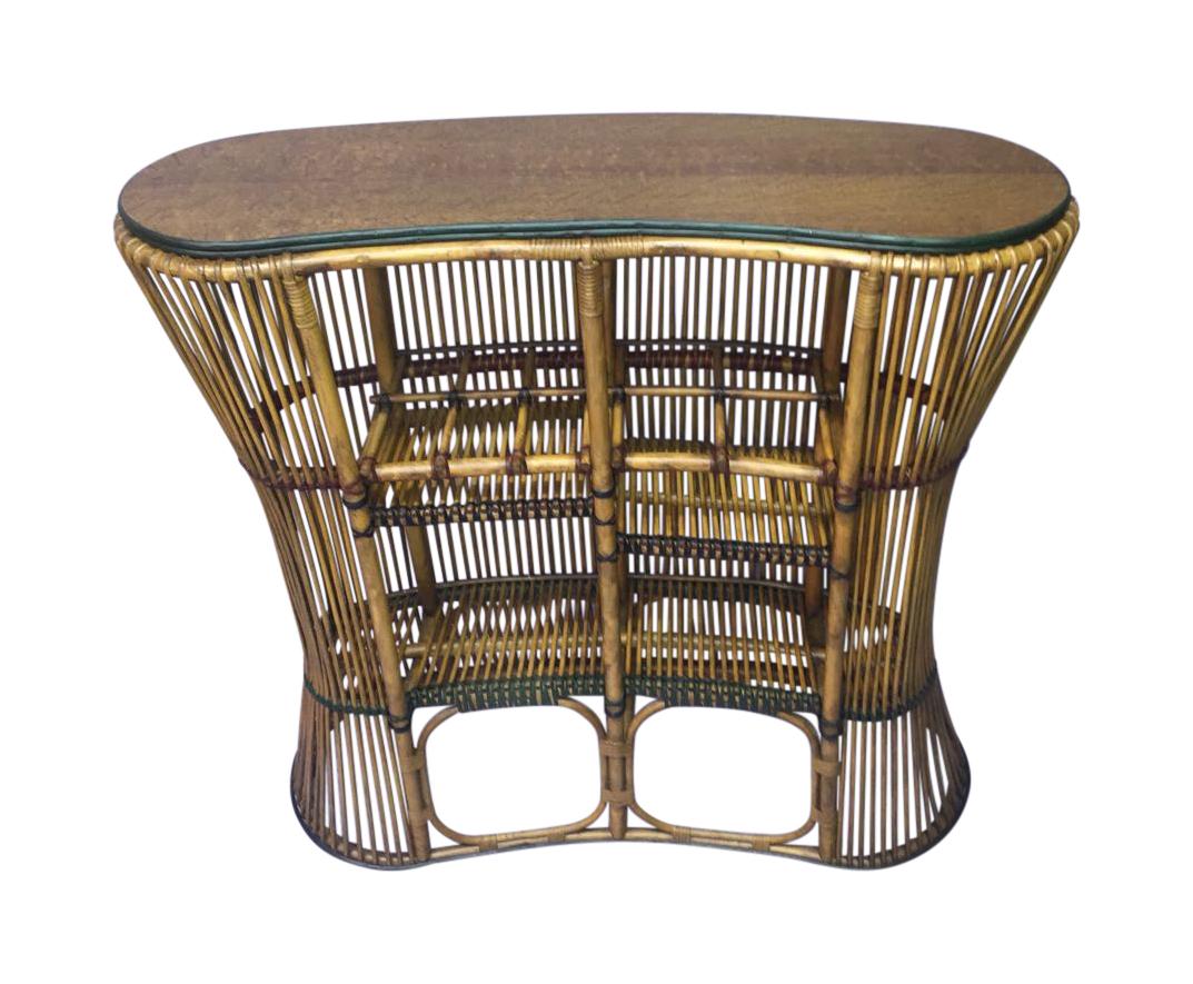 Hand-Woven Rattan Kidney Shaped Bar with Matching Upholstered Rattan Stools For Sale